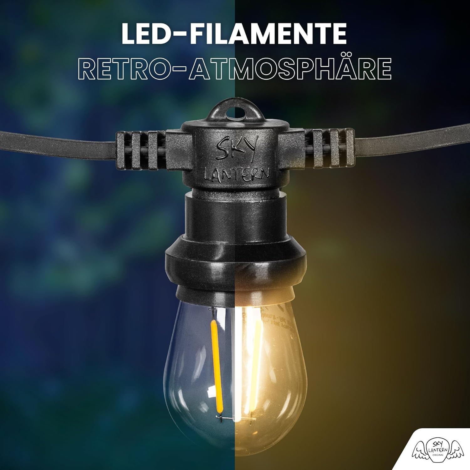 SKYLANTERN Guinguette Lichterkette, 30 m, 90 Glühbirnen, warmweiß, dimmbar – Lichterkette Leuchtmittel E27 transparent – LED Filament Retro