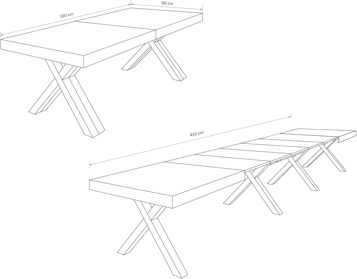 KONTE.DESIGN Tavolo GALLIPOLI allungabile in legno, finitura Rovere Nodato, gambe ad X, 160x90 cm - 410x90 cm, 18 posti
