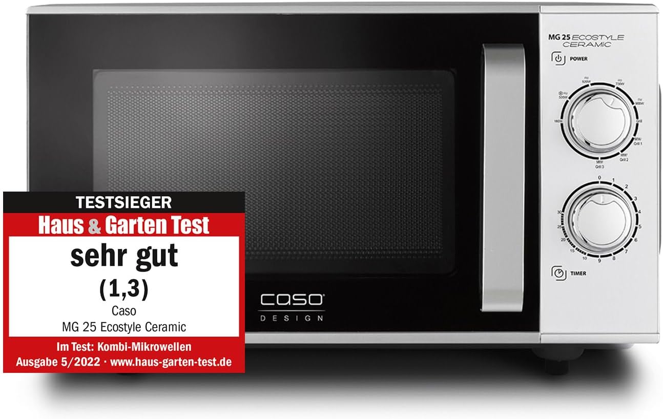 CASO MG 25 Ecostyle Ceramic - Testsieger Haus & Garten Test, Mikrowelle mit Grill, größere Nutzfläche dank CASOTEK Boden, 25 Liter, Garen auf zwei Ebenen