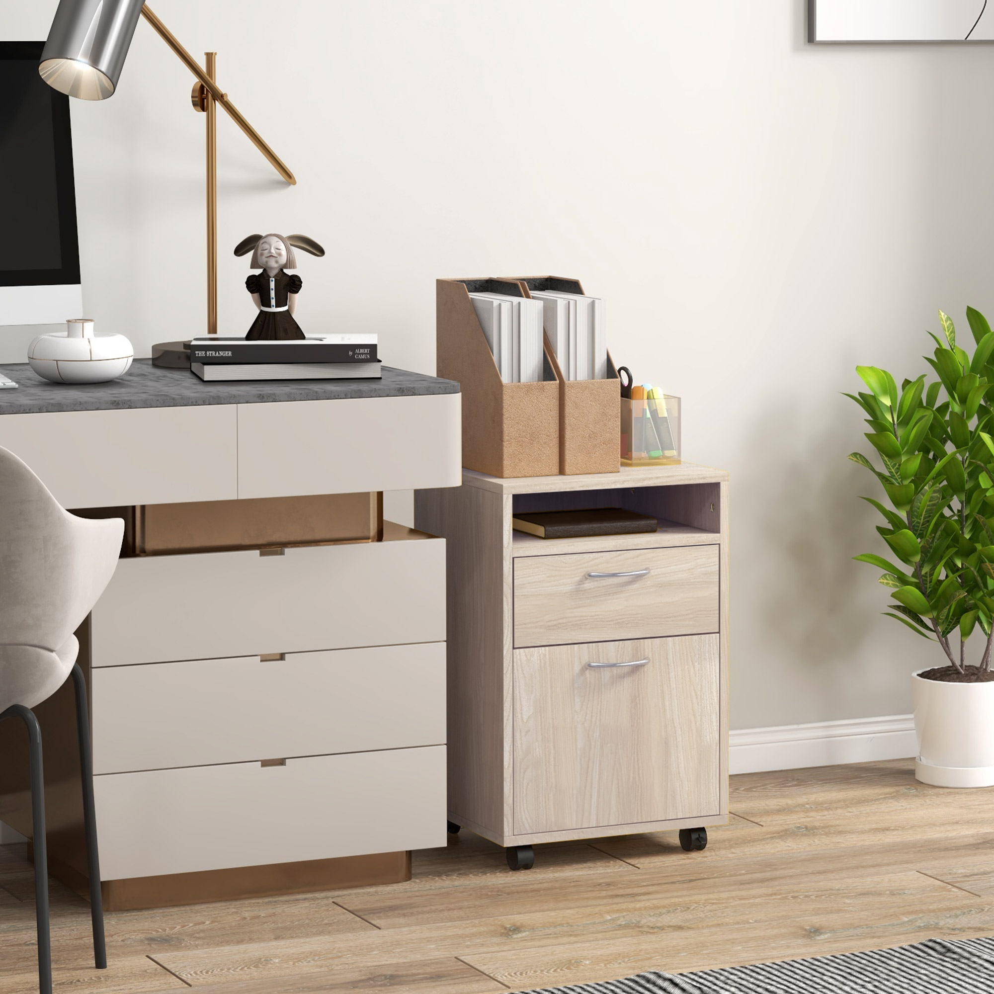 HOMCOM Rollbarer Schubladenschrank mit Schublade, Schrank und Fach für Dokumente und hängende Dateien, 40 x 35 x 60 cm Eiche
