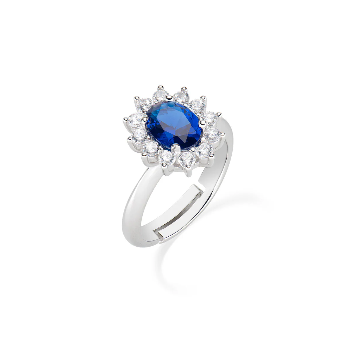 Anello Amen argento rosetta zirconi bianchi pietra blu