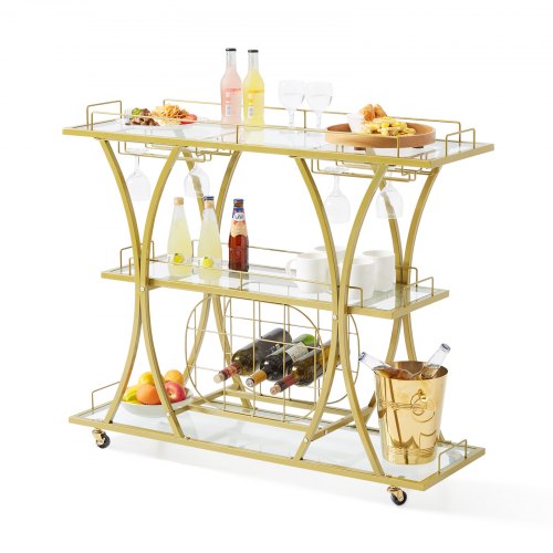 VEVOR Servierwagen Barwagen Rollwagen 3 Ebenen, Weinwagen 82 kg Belastbar, Mobiler Getränkewagen, Verspiegelte Glasablagen 111 x 35 x 92,5 cm, für kleine Räume, Küche, Esszimmer, Bar, Goldfarben