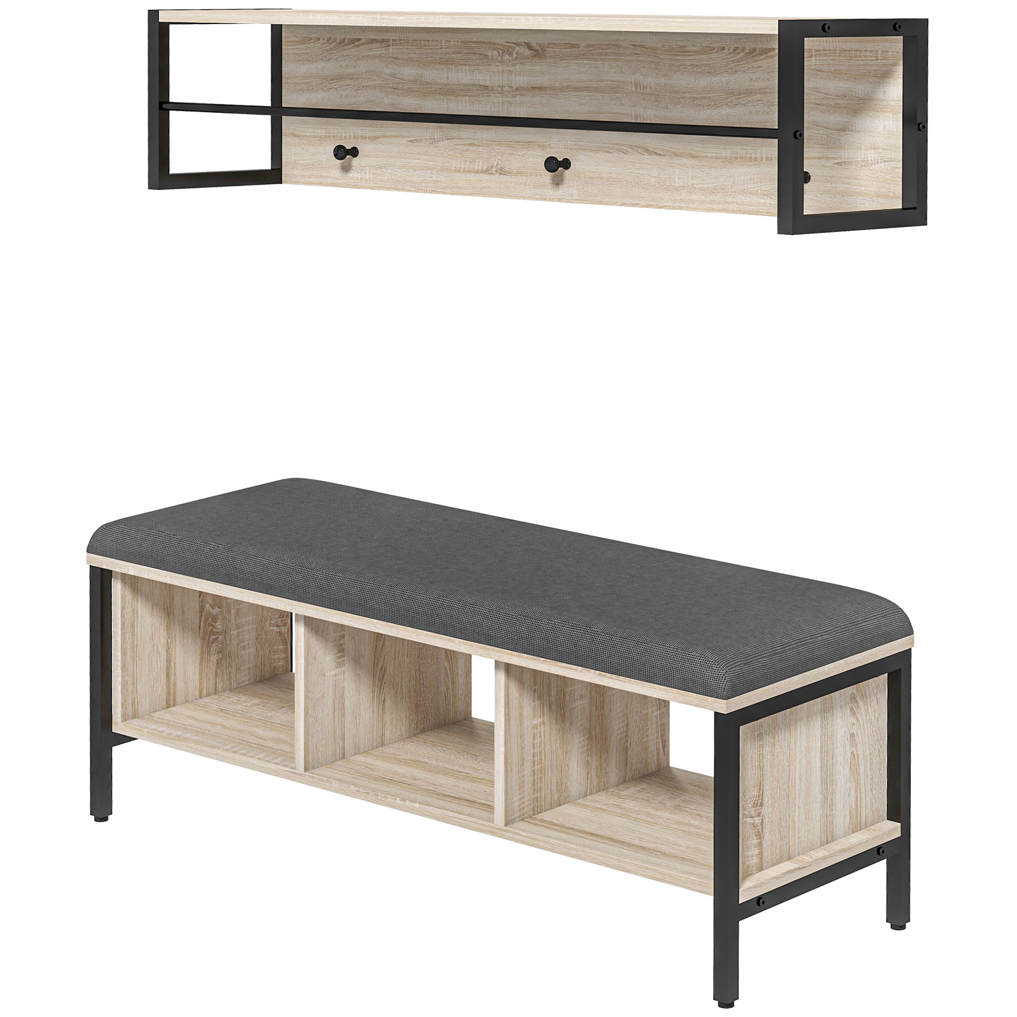 HOMCOM 2-in-1 Eingangsmöbelset Schuhablagebank mit 3 Fächern und Wandgarderobe mit 3 Haken und Stange Natur und Schwarz