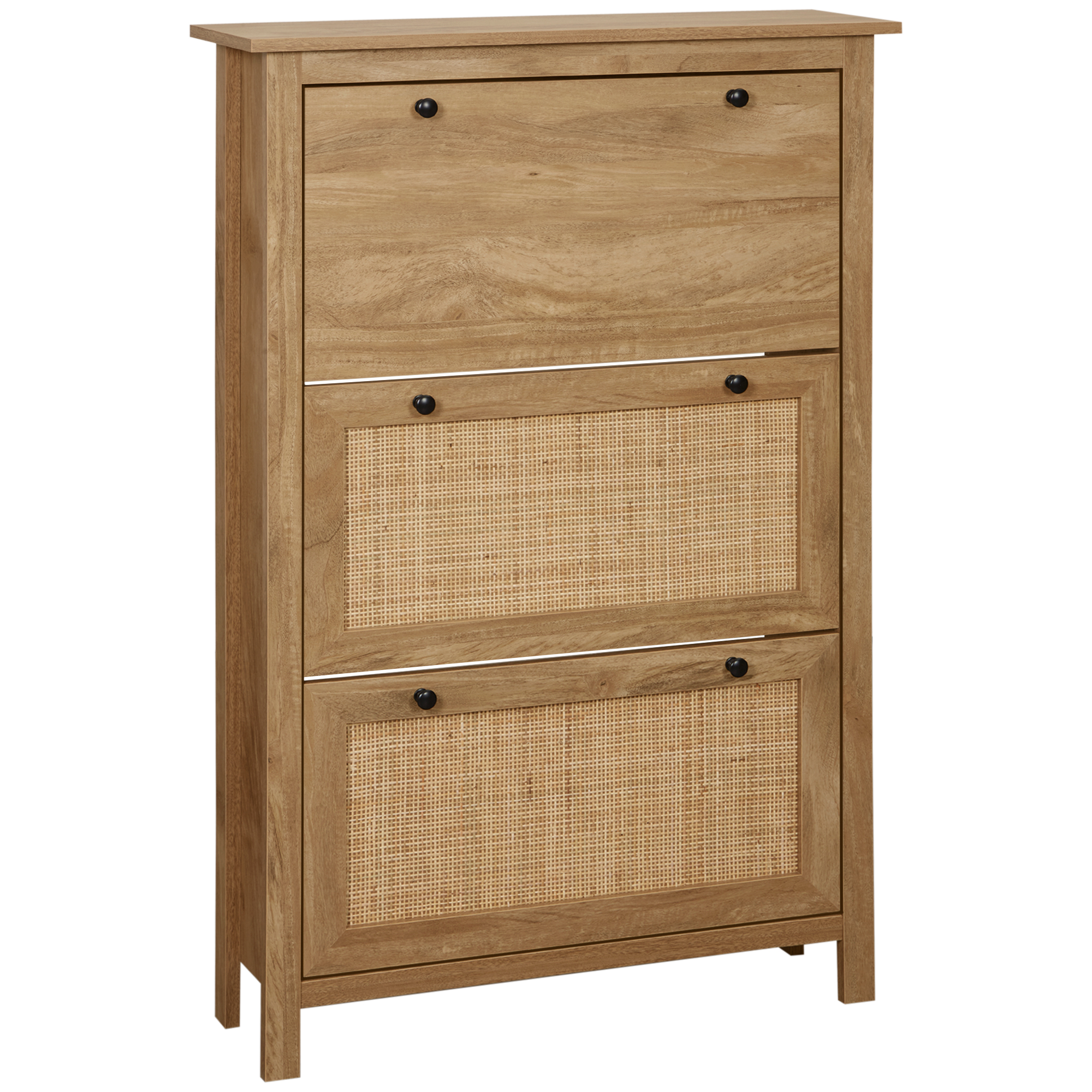HOMCOM Schuhschrank, bis 18 Schuhpaare, 3 Kippfächer, Rattandekor, Naturholzoptik, 80 x 23,5 x 121,5cm