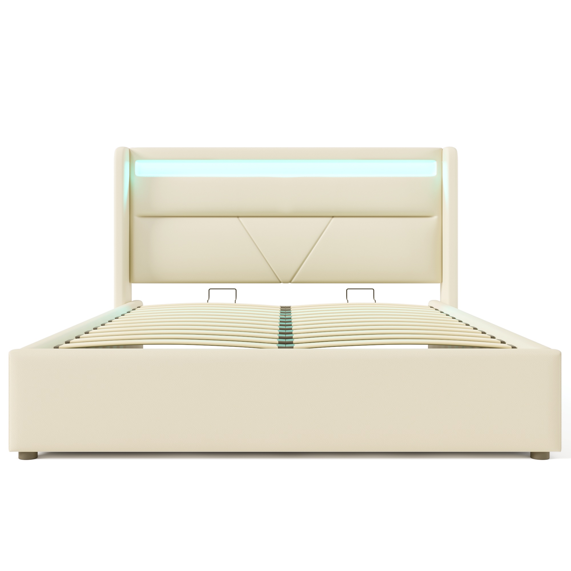 Hydraulisches Doppelbett mit integrierten LEDs und Fernbedienung, mit Stauraum, 140x200 cm, Weiß