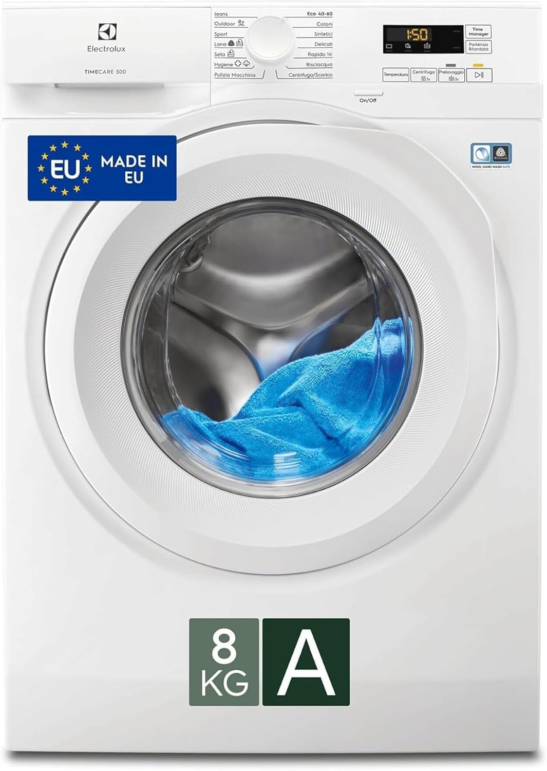 Electrolux EW5F8W Front Load Washing Machine, 8 kg 500 Series TimeCare, 1151 RPM, AutoSense and Remote Delay Start, Hygiene Program, GentleCare Basket, 847 x 596 x 547 mm, White, Class A