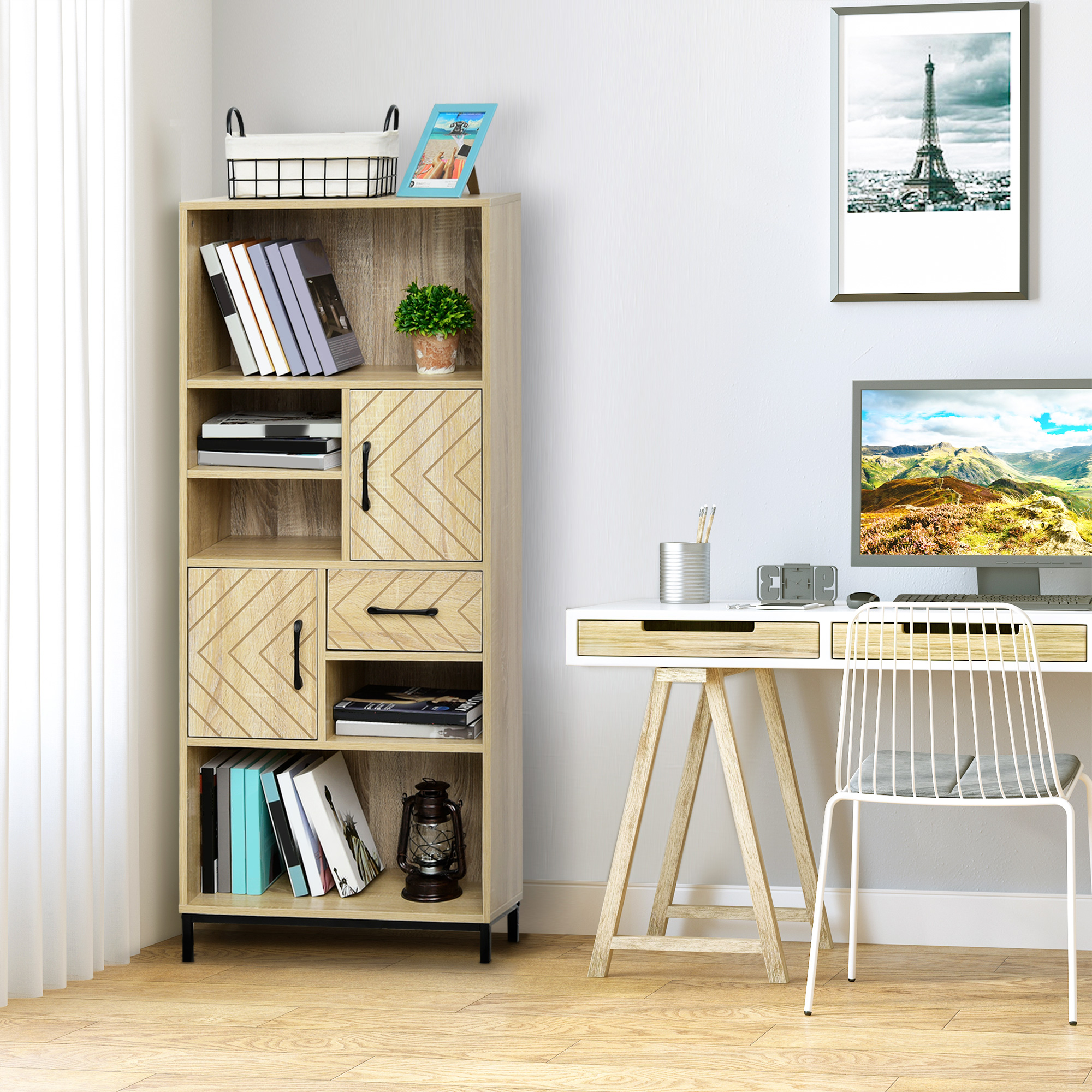 HOMCOM Bücherregal Highboard 2 Regale 3 Fächer 2 Schränke + Schublade aus Holz in Hell Eiche Grafischem Muster Schwarzen Metallbeinen
