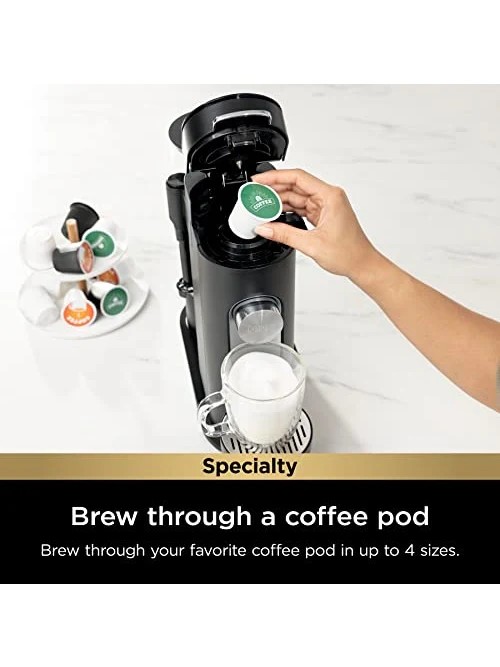 Ninja Pod & Grounds Specialty Single Serve Coffee Maker, K Cup Pod Compatible, Brews Grounds, Compact Design, Built In Milk Frother, 56 oz. Reservoir, 6 oz. Cup to 24 oz. Mug Sizes, Black, PB051