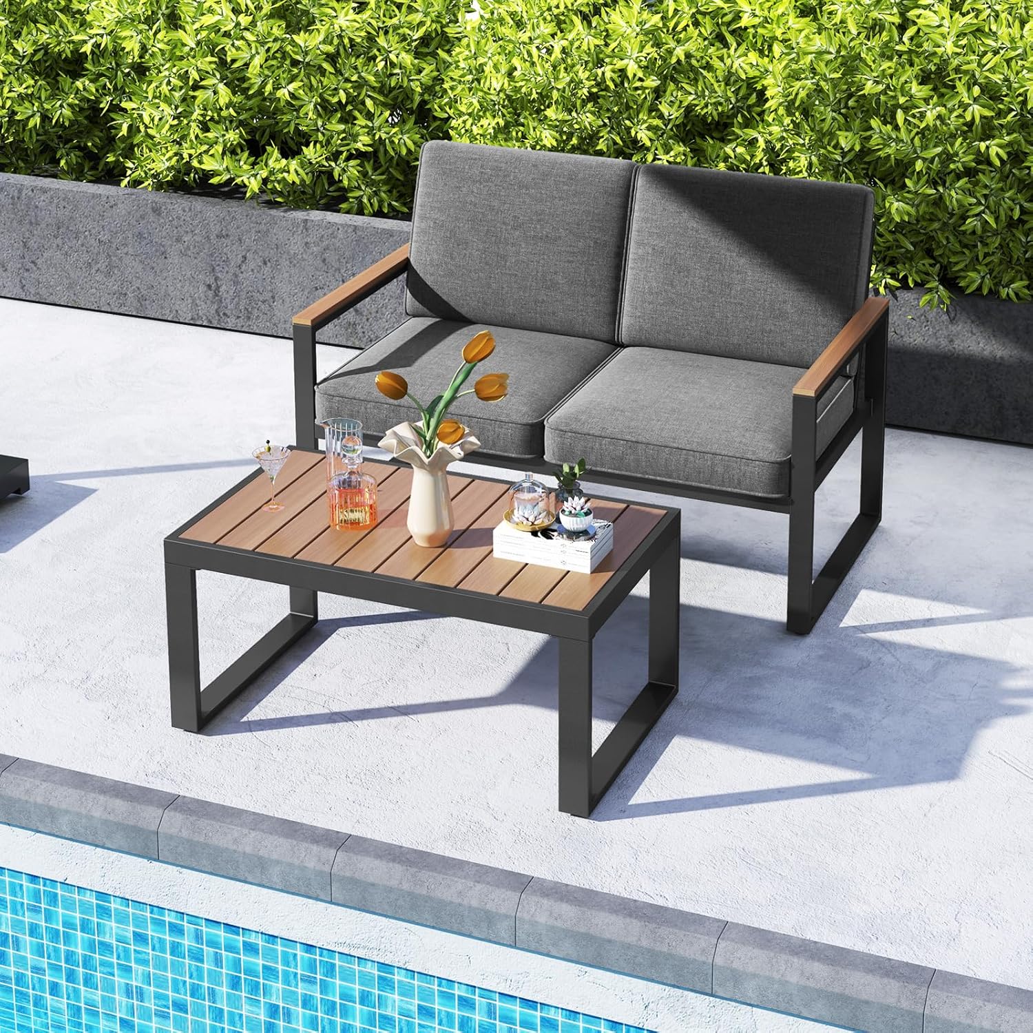 COSTWAY 2 Piece Aluminium Garden Set Garden Table and Armchair Set, Outdoor Conversation Set, Padded Sectional Sofa with Coffee Table, Patio Balcony