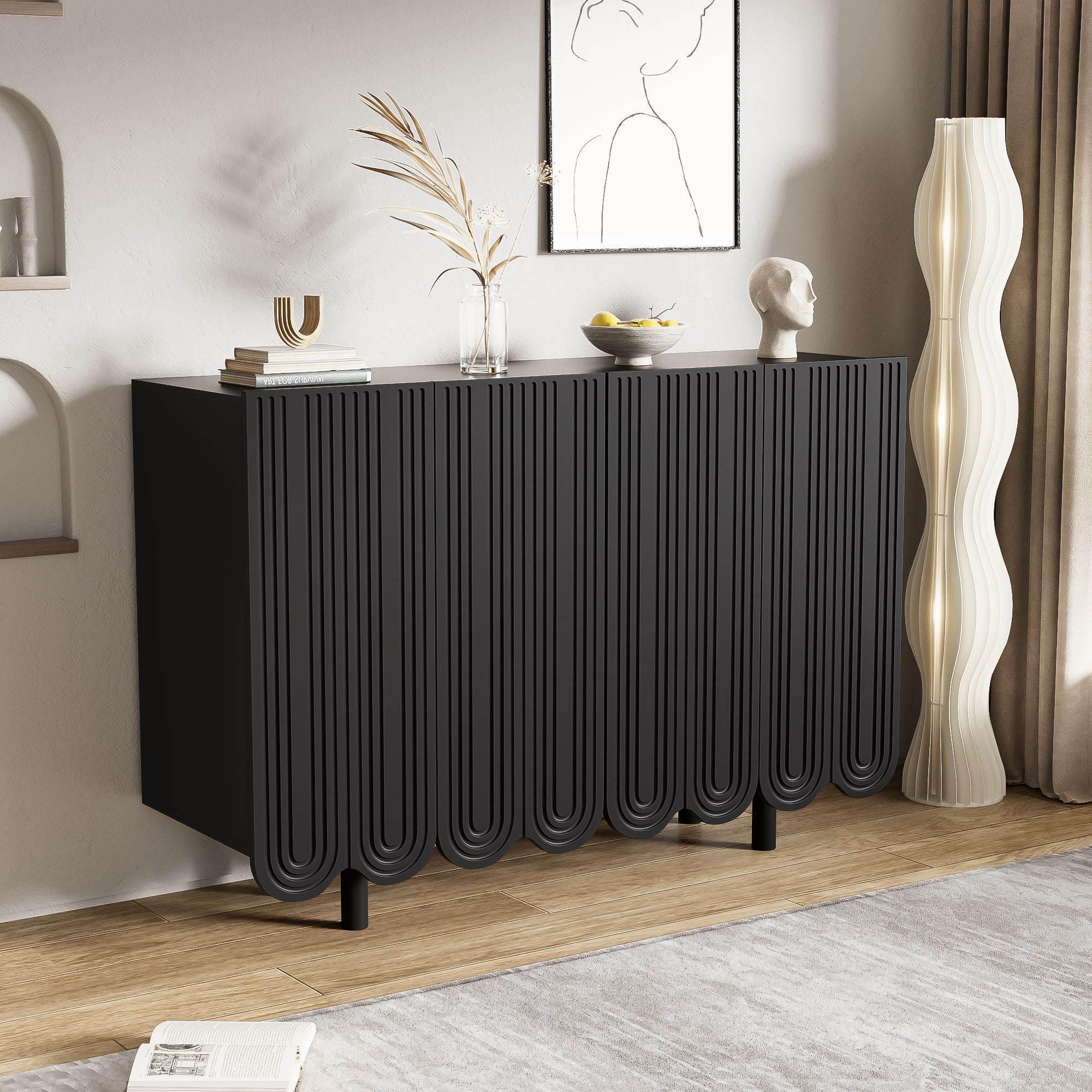 Sideboard mit Tropfenschnitzerei, Geformte Türen, Pufferscharnier, 120×37,5×80,8 cm, Schwarz