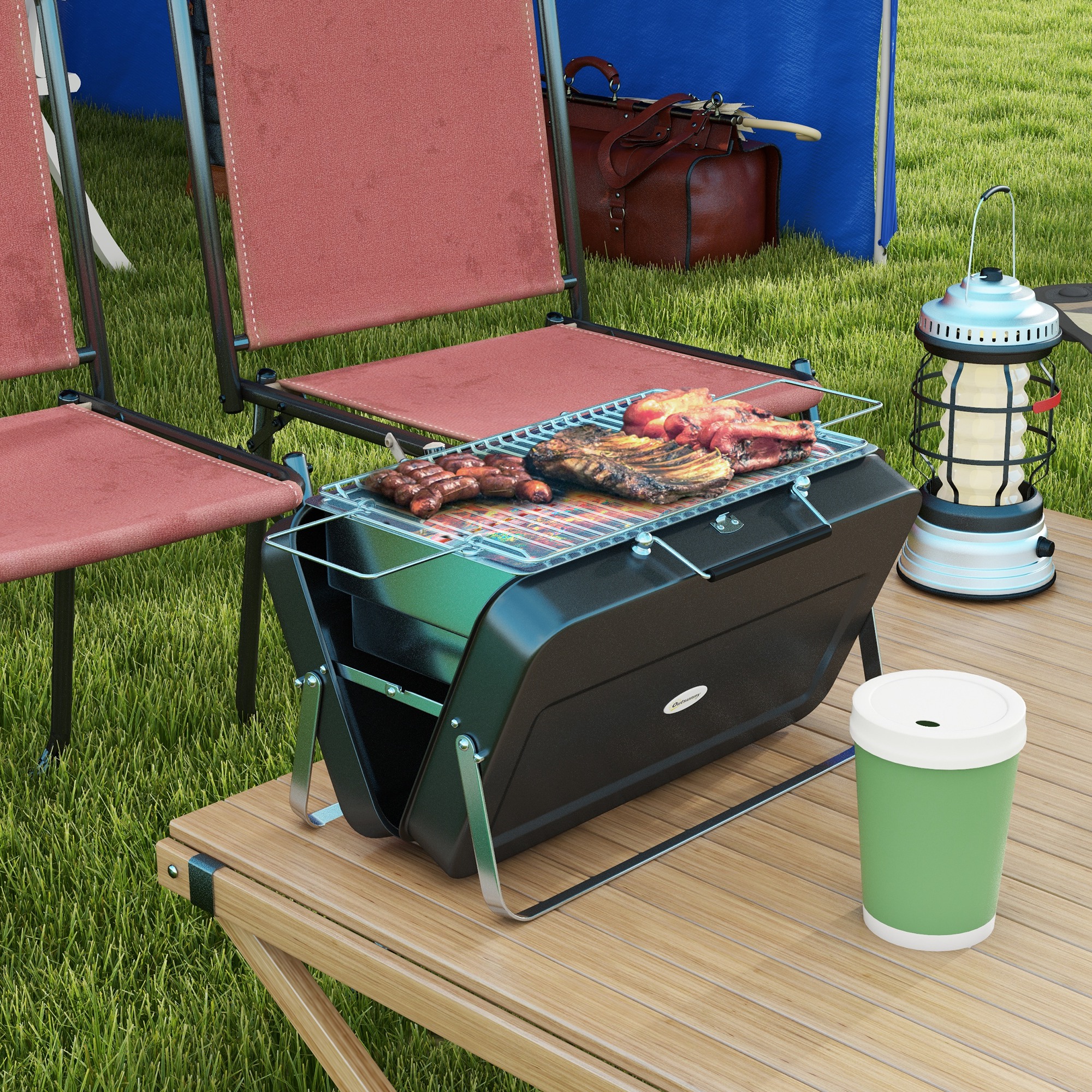 Outsunny Mini-Grill aus Holzkohle Tragbarer BBQ mit Kofferhülle Klappbarer Tischgrill für Garten, Camping, Picknick Schwarz