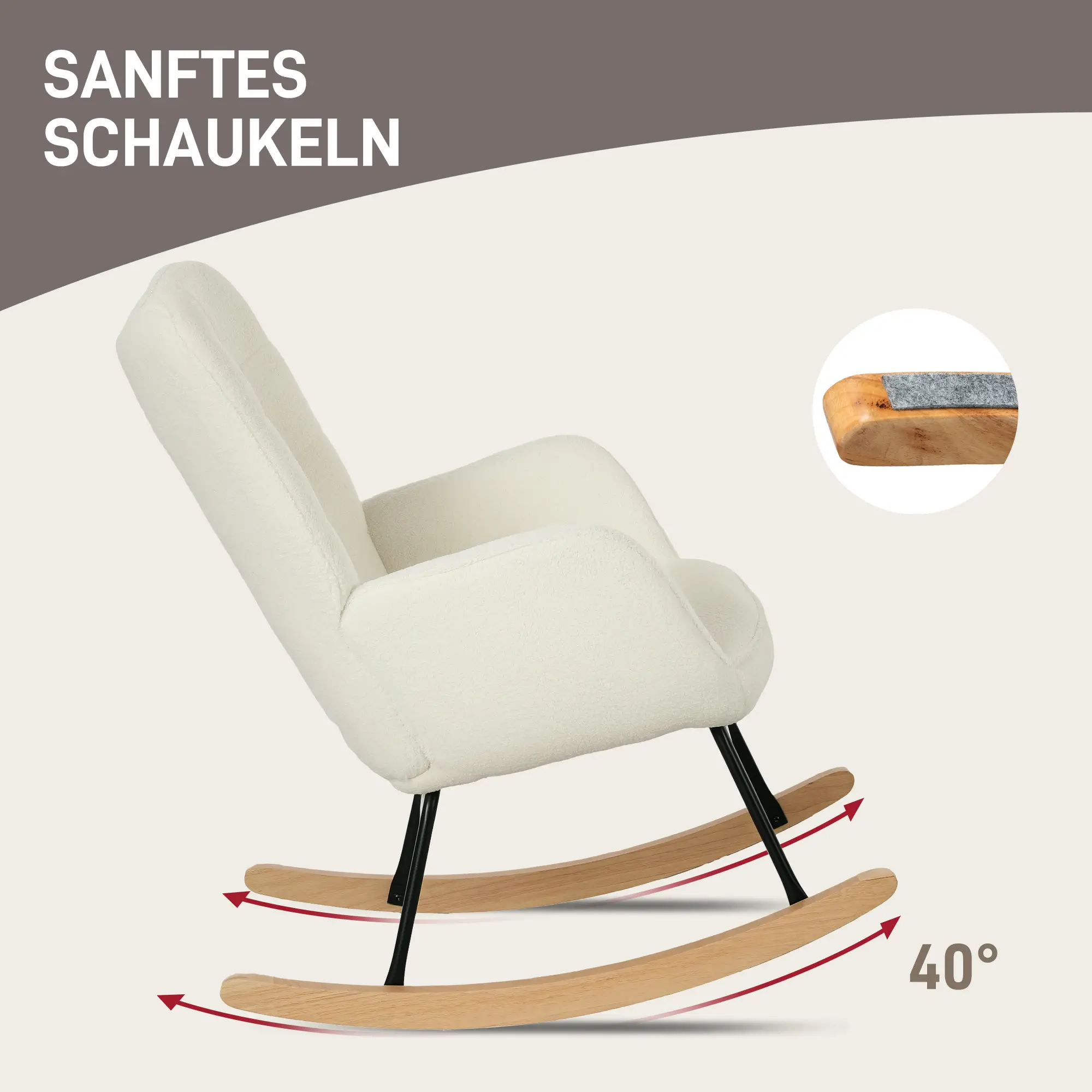 HOMCOM Schaukelstuhl Berbervliesoptik Holzkufen Weiß Entspannung