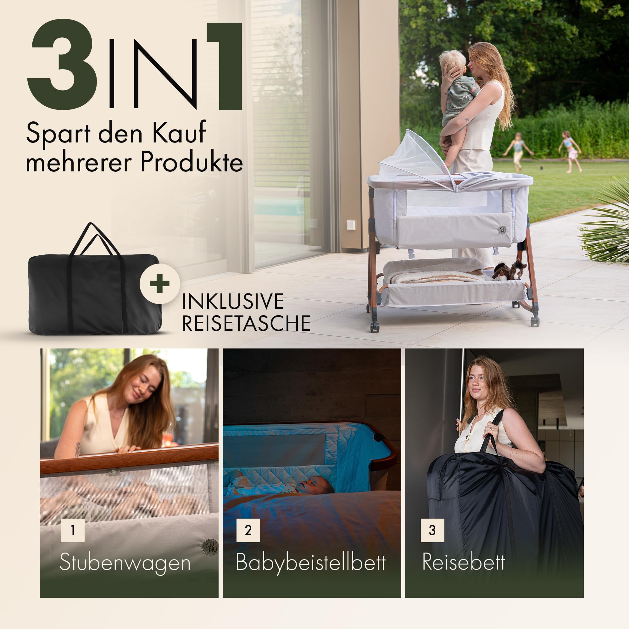 3-in-1 Babybett Beistellbett mit Rollen und Wiegefunktion, höhenverstellbar in 6 Stufen, inkl. Reisetasche