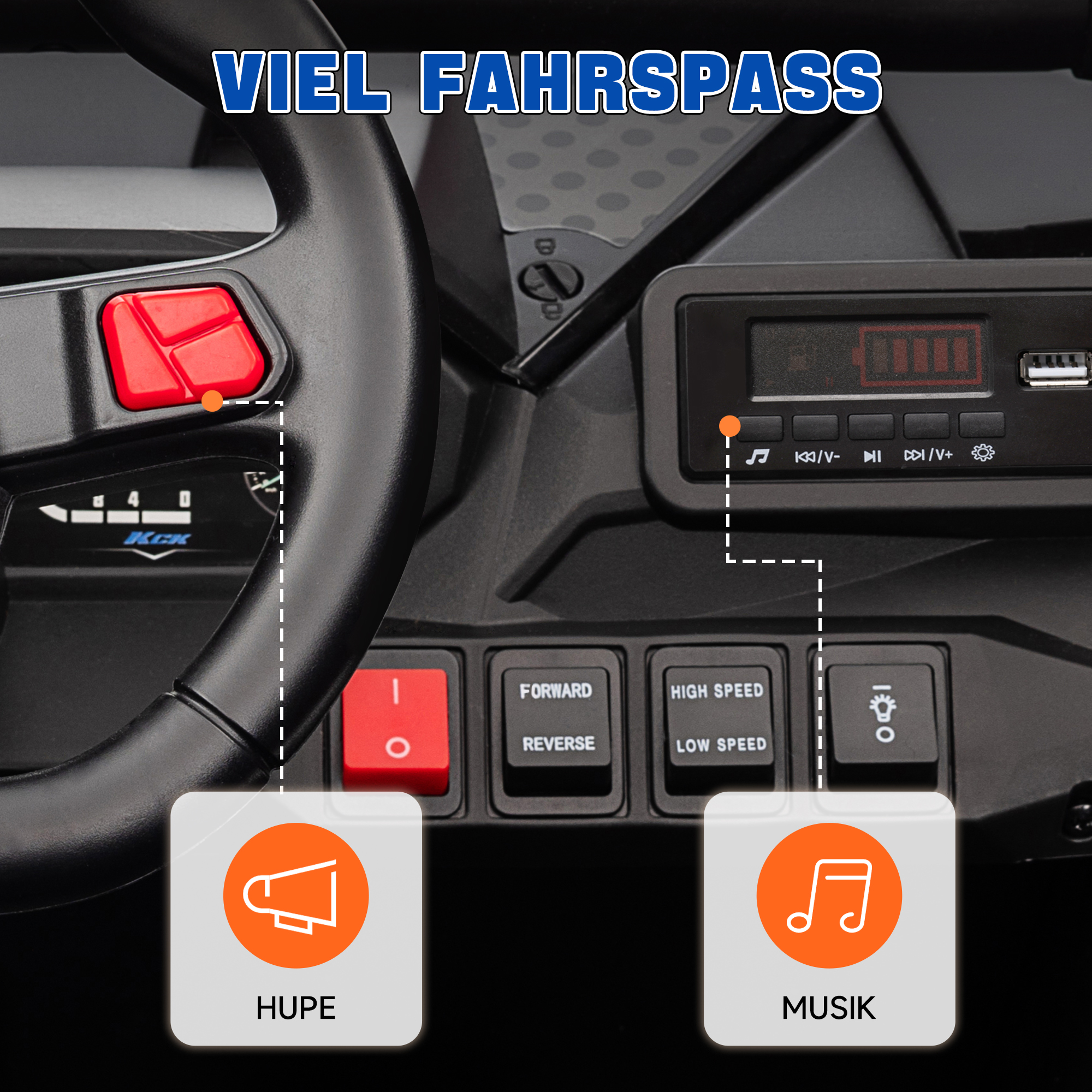 AIYAPLAY Kinderauto Elektrische SUV, 5-7 km/u, 2-Zitter, Afstandsbediening, Muziek, Licht, 1u Rijtijd, Blauw