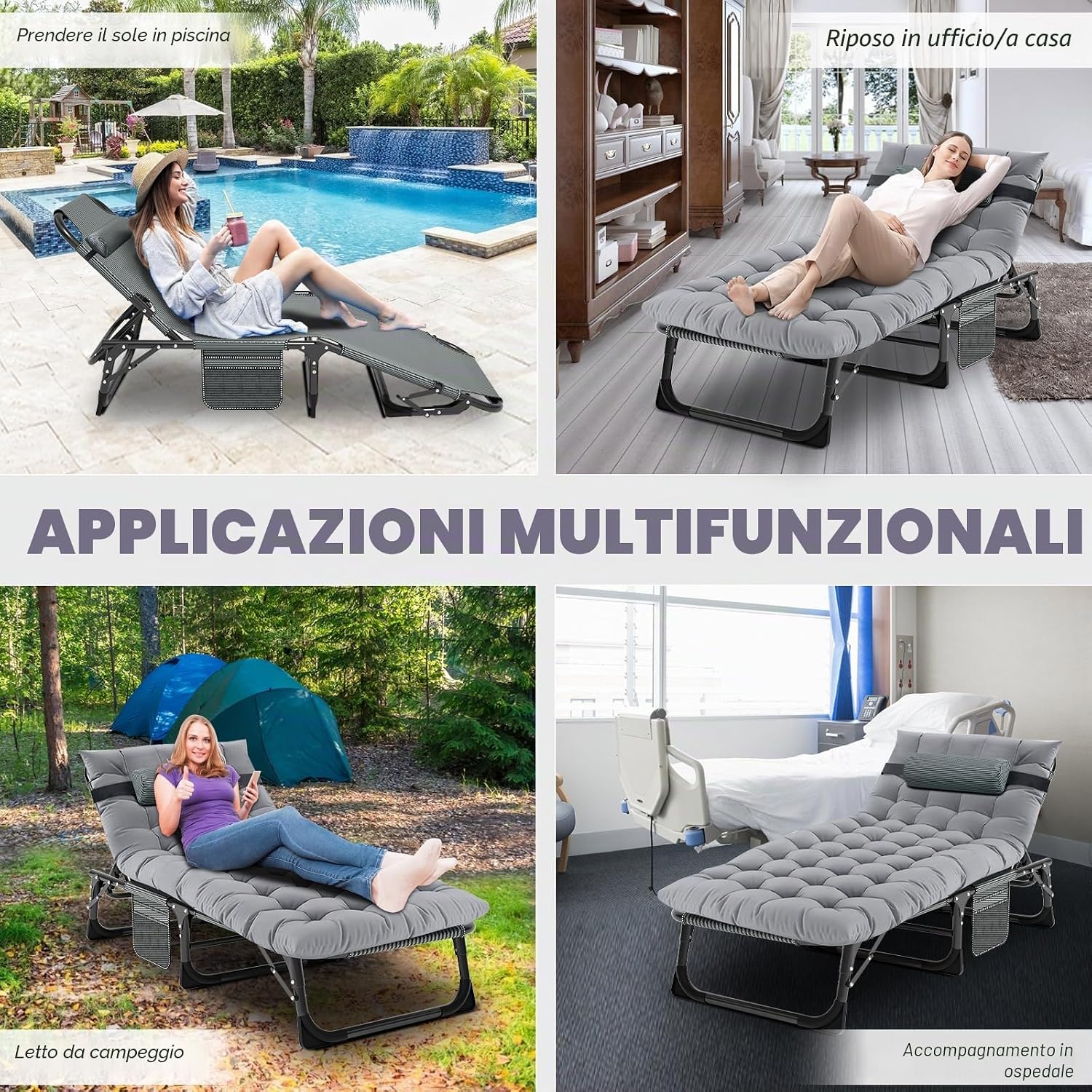 MOPHOTO Lettino prendisole pieghevole per giardino con materasso, schienale e gambe regolabili, portatile, per interni ed esterni, sedia a sdraio pieghevole per abbronzatura al sole, perfetta per