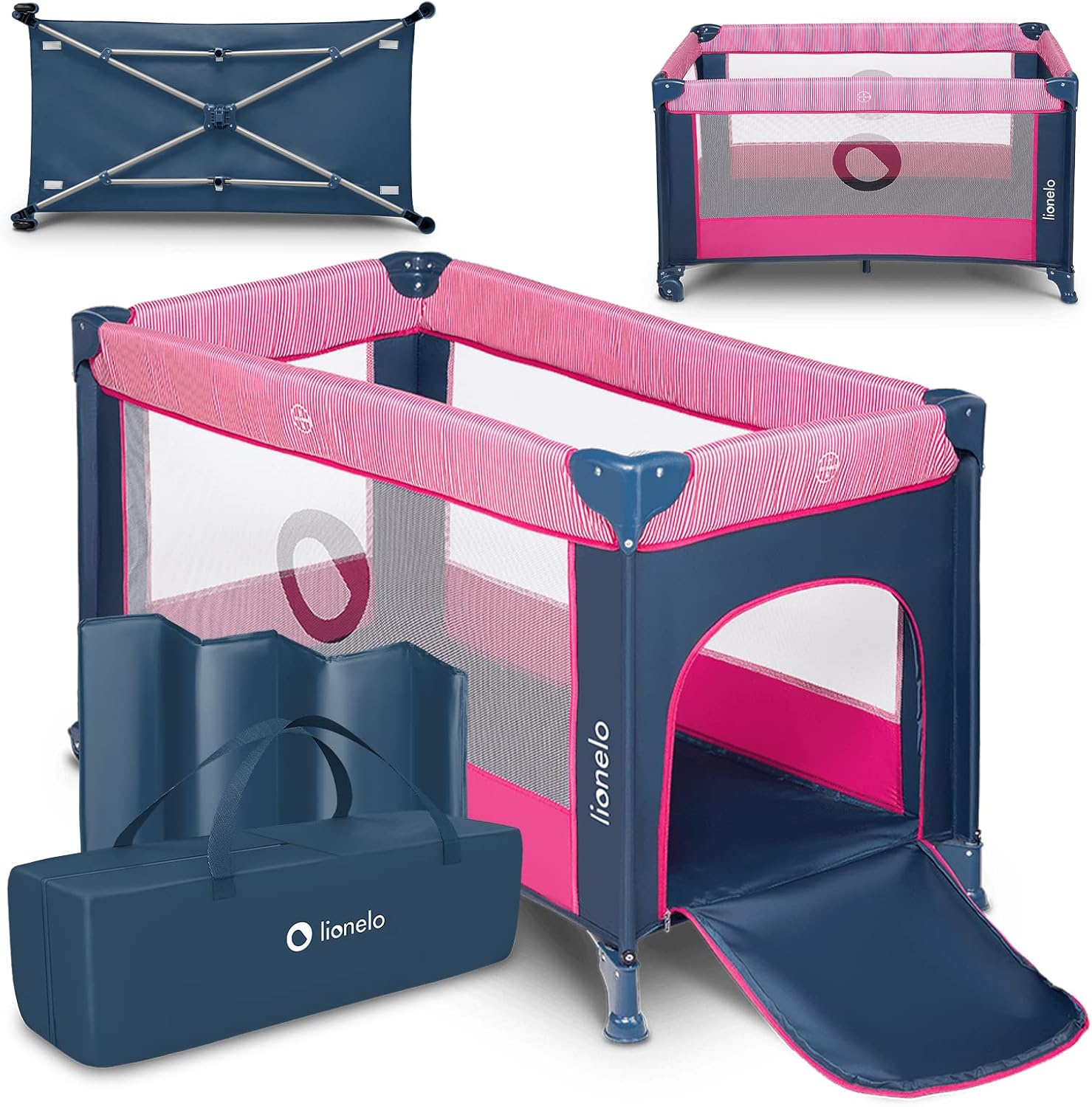 lionelo Stefi Lettino neonato da viaggio pieghevole con materasso, Dalla nascita fino a 3 anni, Box bambini da campeggio con entrata laterale, Le pareti realizzate in rete, Borsa, Route