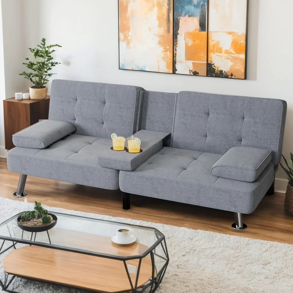 Shahoo Modern Linen Upholstered Convertible Folding Futon Sofa Bed with Removable Armrests, Metal Legs, 2 Cup Holders for Living Room