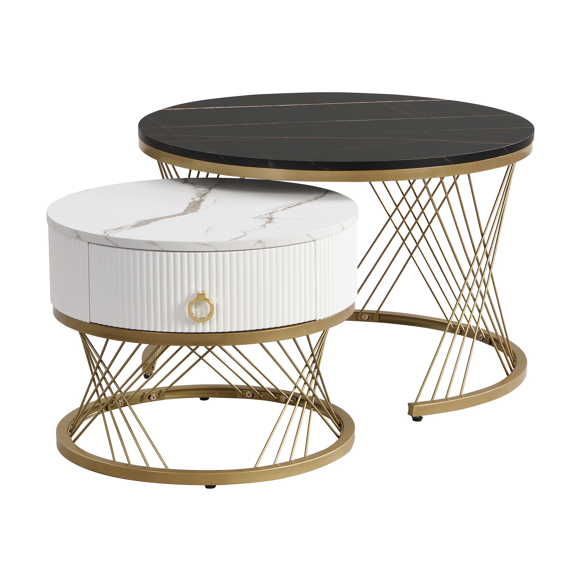 Eleganter Couchtisch im 2er-Set: Marmoroptik, Golddekor, Beistelltisch mit Schubladen, schwarz