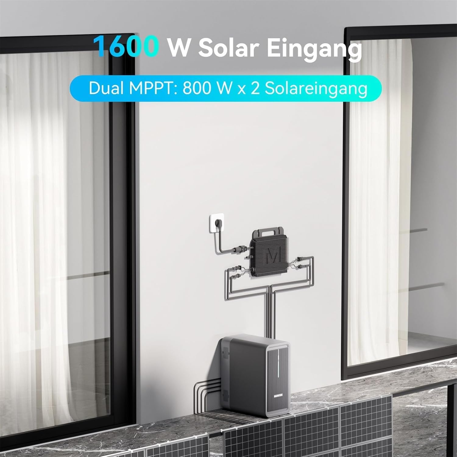 Balkonkraftwerk mit Speicher B2500, 6000 Ladezyklen, 1600W Max. 1600W PV-Eingang & 800W Ausgang Erweiterbar auf 8960Wh, IP65,0% MwSt - Nur für Privatpersonen