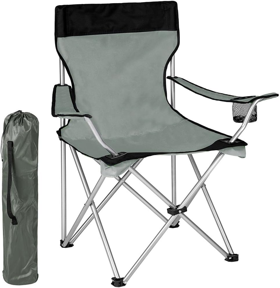 BAKAJI Sedia Pieghevole Da Campeggio Con Borsa Camping Sedia Mare Spiaggia Pesca Da Esterno In Acciaio e Poliestere Con Vano Porta Bibite e Smartphone (Grigio)