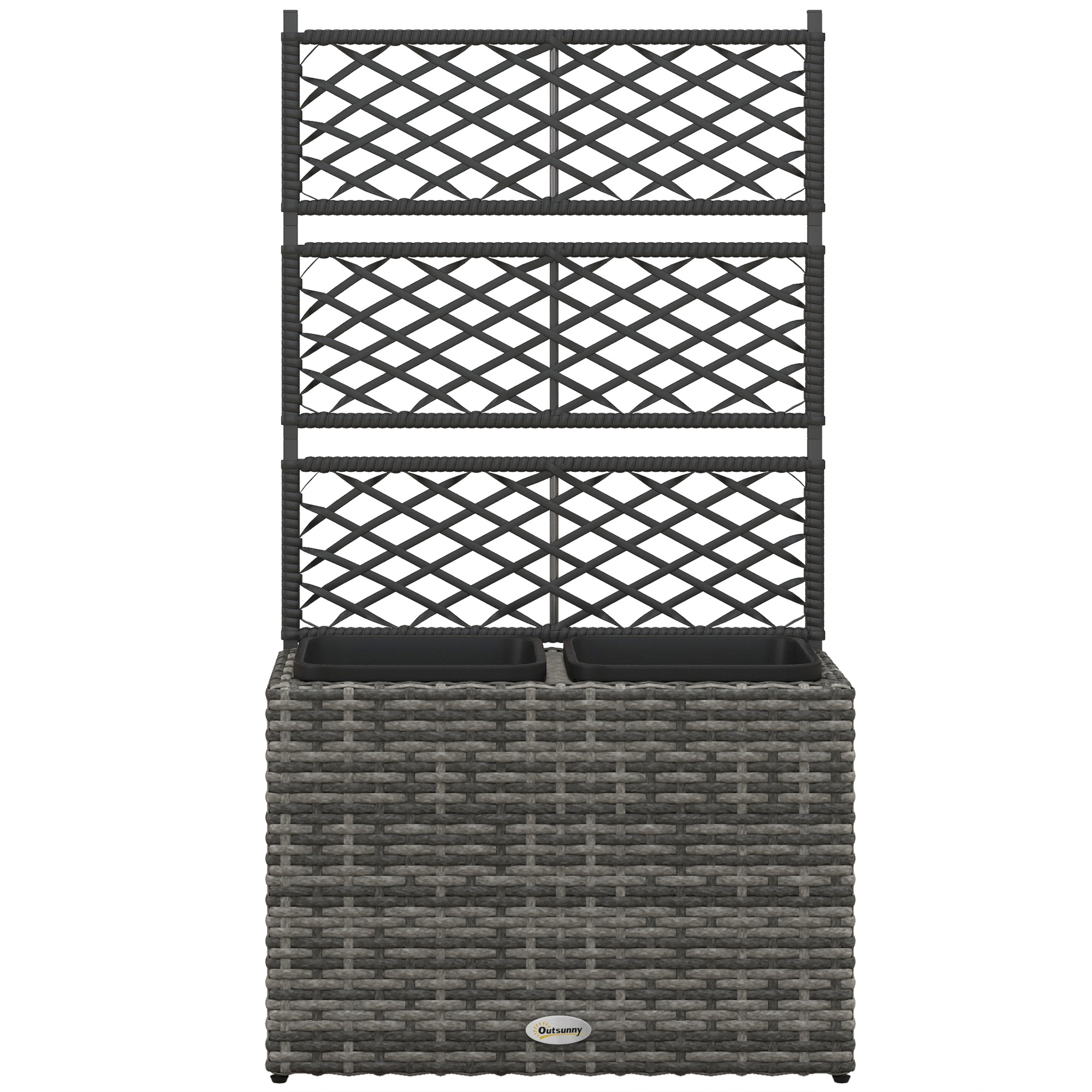 Outsunny Hochbeet mit Rankgitter für Rankpflanzen mit 2 Innenkübeln aus Stahl und PE-Rattan, 57x30x107cm, Grau