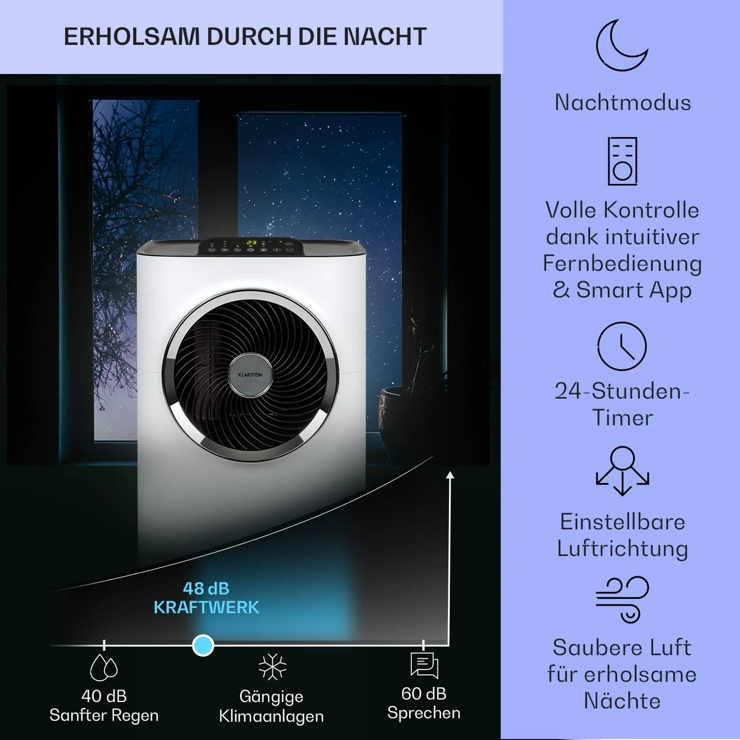 Klarstein Mobile Klimaanlage mit Abluftschlauch, 5-in-1 Klimagerät, Ventilator, Luftentfeuchter, Luftreiniger & Nachtmodus, App-Steuerung, Kleine & Portable, für Wohnung & Büro, 12000 BTU