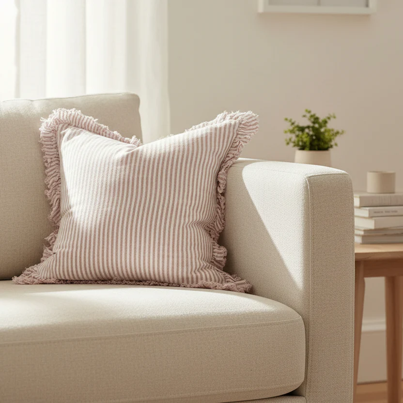 Pink Stripe Stonewashed Linen Cushion Cover �C Ruffled Edge, 45cm