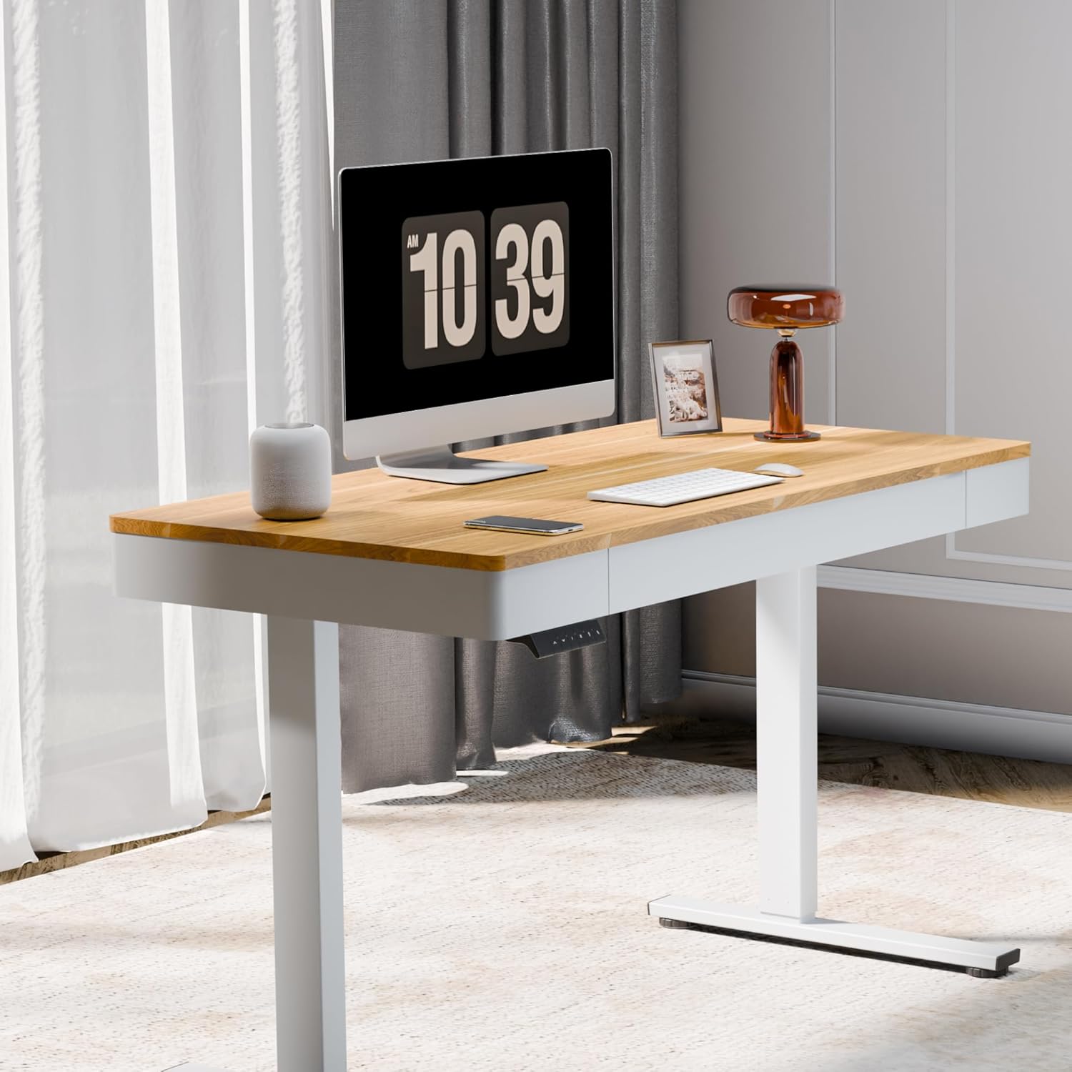 FLEXISPOT Q5 Standing Desk with Drawer, 48 x 24 Inch Electric Adjustable Height Stand Up Desk with Storage Organizer, Whole Piece Wooden Desktop for Home, Office, Computer Workstation, Maple