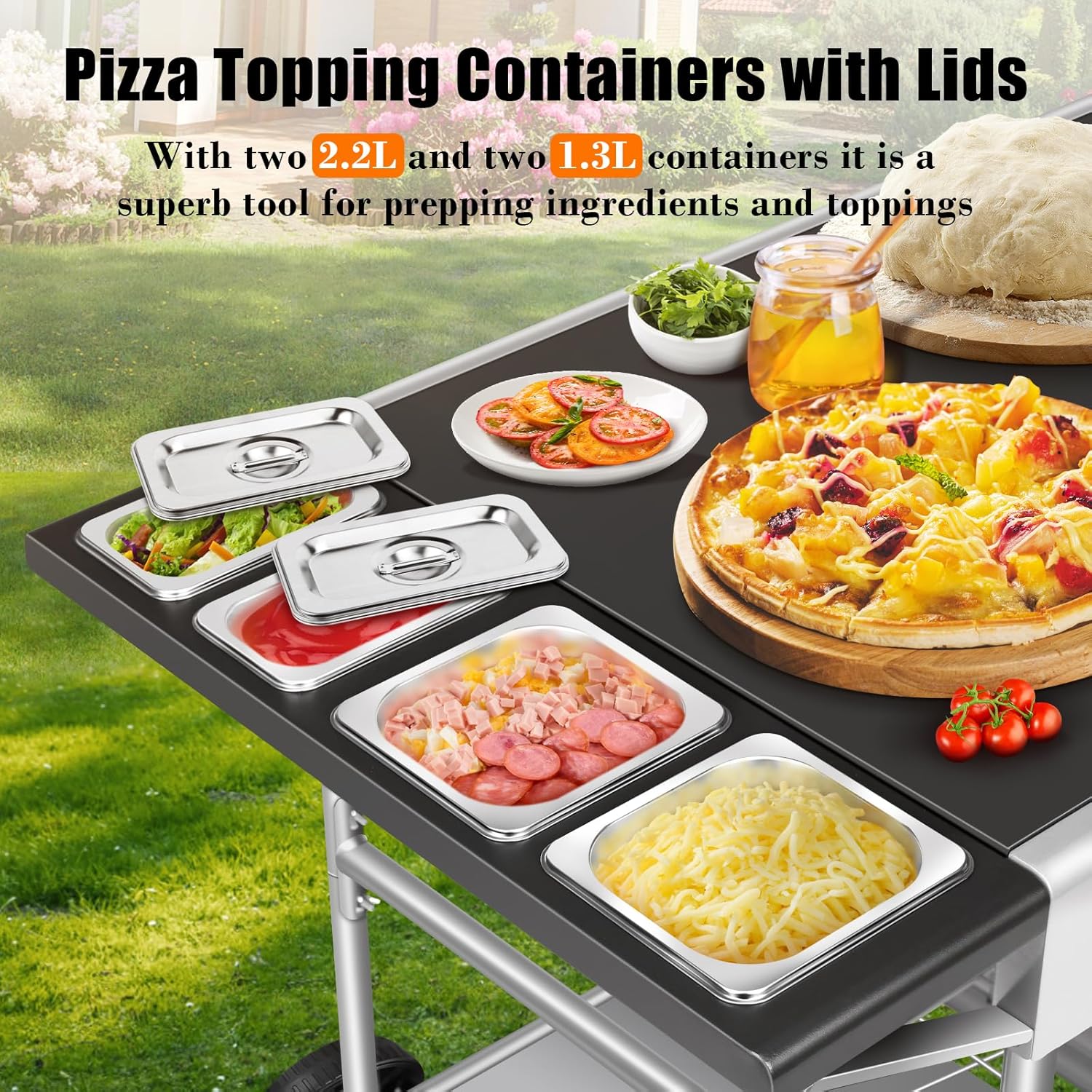 Pizza Oven Table with Topping Station, Movable Stand for Outdoor Grilling   Black
