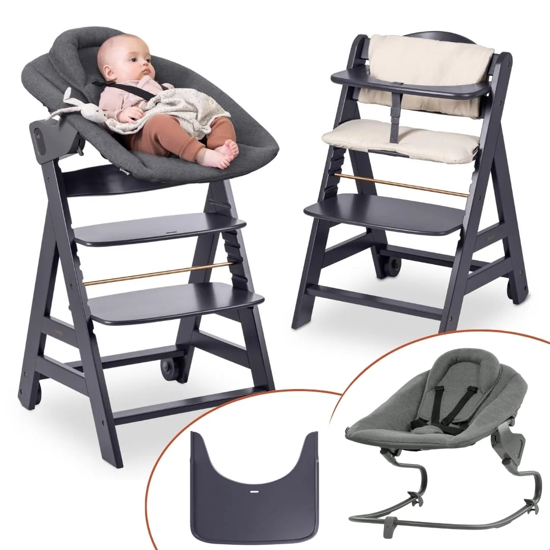 hauck Beta+ Hochstuhl Newborn Set mit Premium Bouncer, Dark Grey