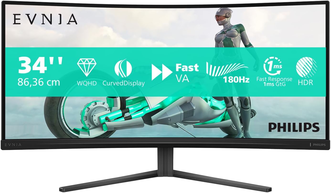 Evnia 34M2C3500L - Monitor gaming curvo WQHD da 34 pollici, 180 Hz, 0,5 ms, FreeSync Premium, HDR10 (3440x1440, 2x HDMI, DisplayPort 1.4) grigio scuro