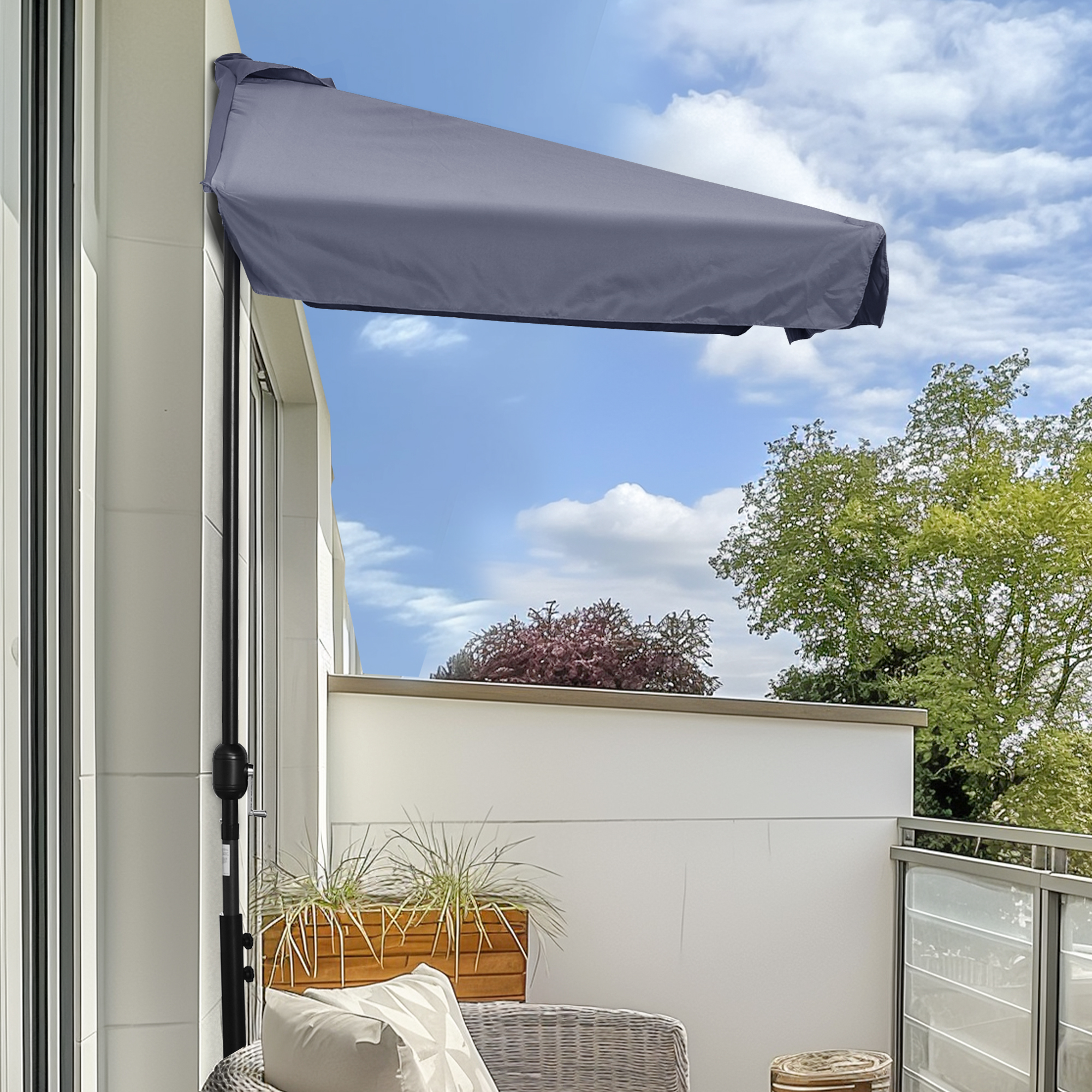 Outsunny Halber Sonnenschirm - Balkonsonnenschirm mit 5 Metallstreben, Maße 2,3L x 1,3B x 2,49H m, hochdichtes Polyester, Grau