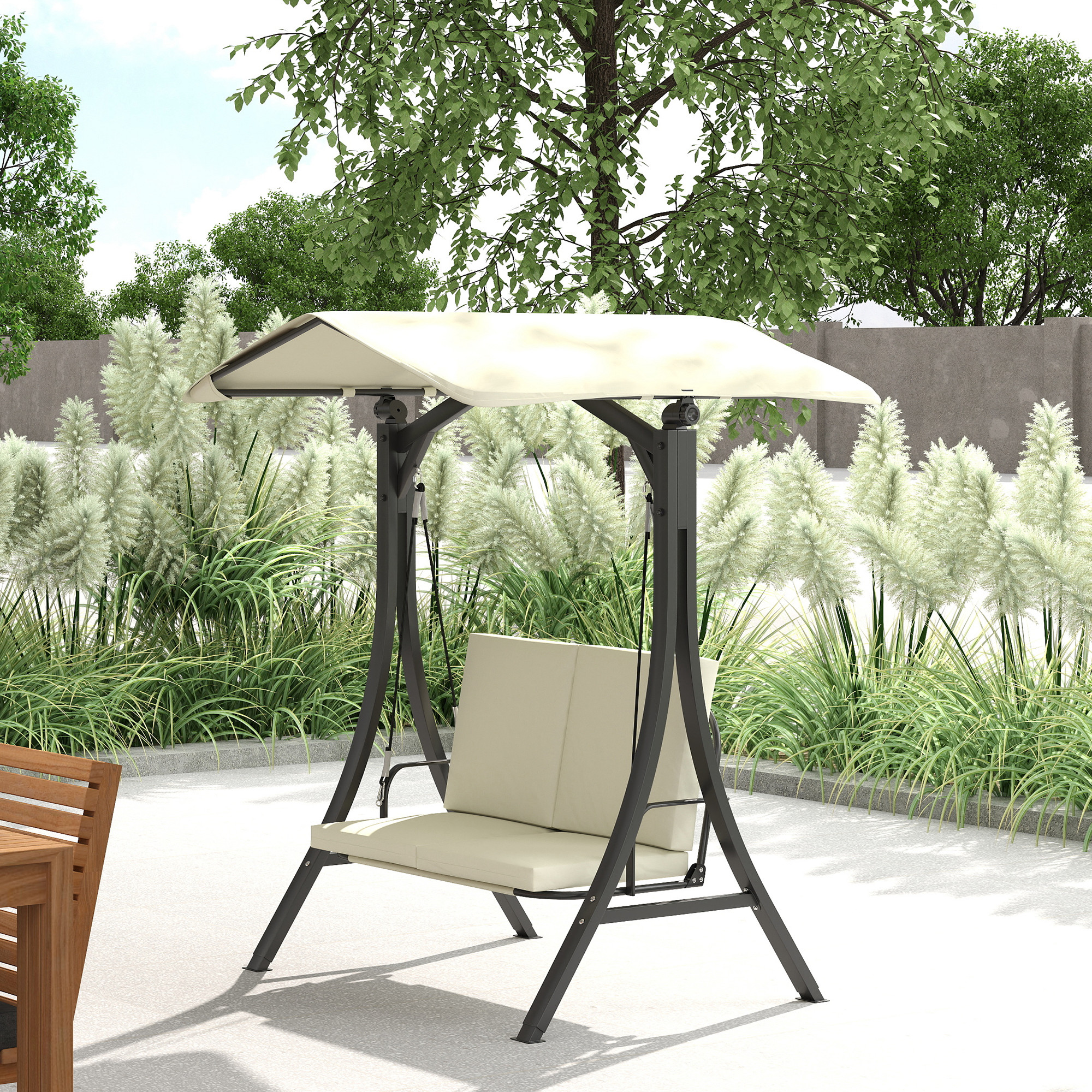 Outsunny Hollywoodschaukel mit verstellbarem Sonnendach Sitzauflage, 2-Sitzer bis 220kg 150x120x182cm, Cremeweiß