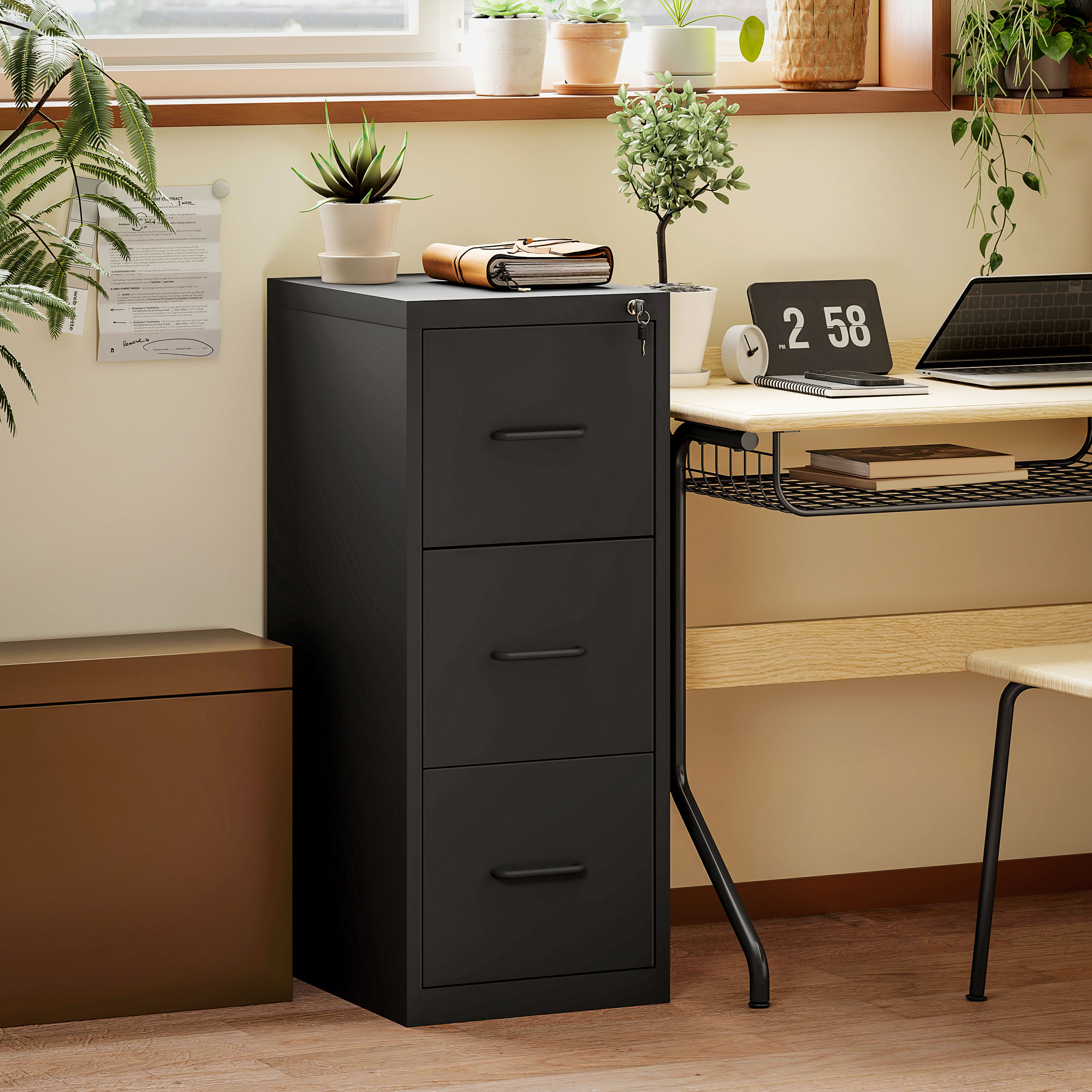 HOMCOM Minimalistischer Aktenschrank mit 3 Schubladen und verstellbarer Stange, aus Stahl, 36,5x46,2x99 cm, Schwarz
