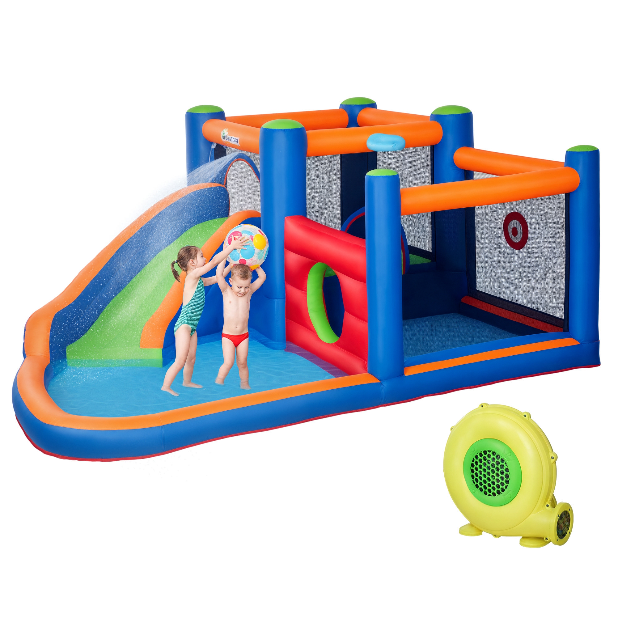 Outsunny Hüpfburg, mit Rusche, Hüpfbereich, Pool, aufblasbar, inkl. Elektropumpe, für bis 3 Kinder, 380 x 340 x 170 cm