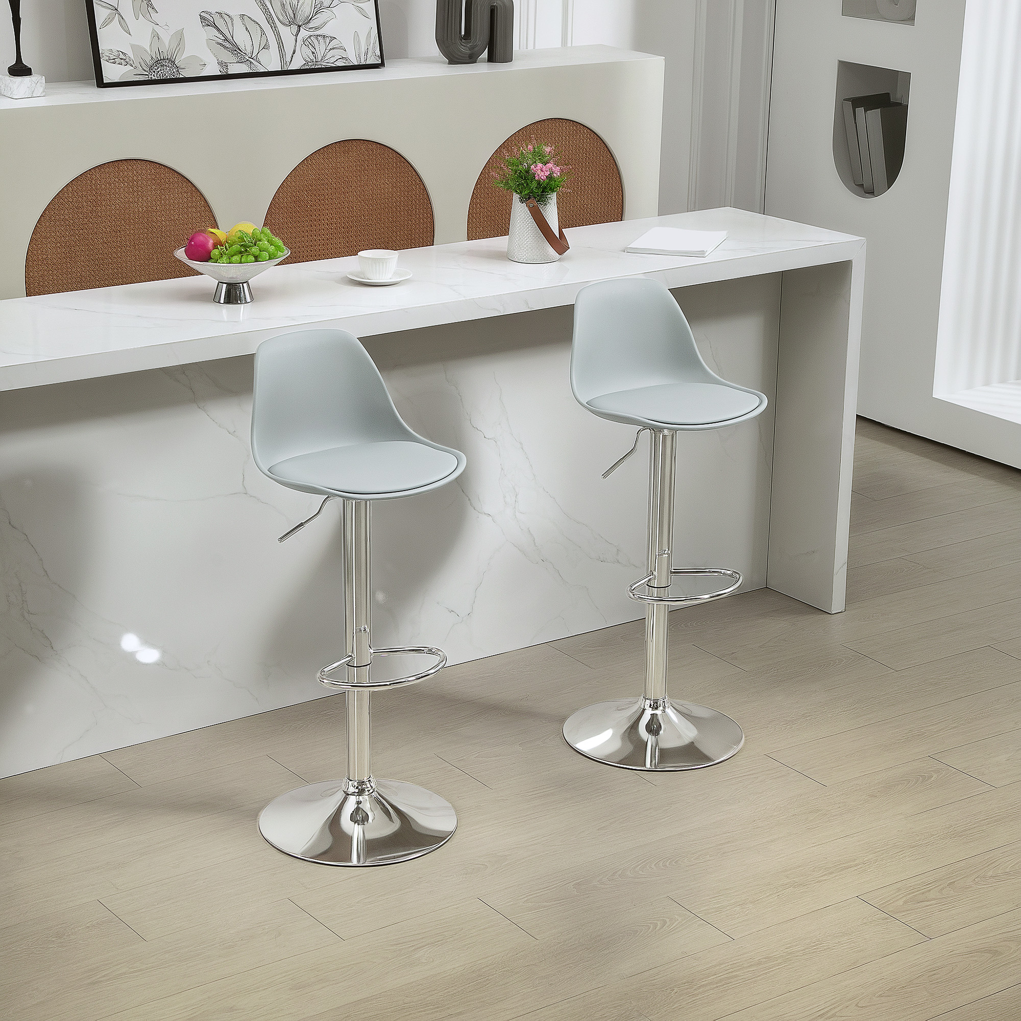 HOMCOM 2er-Set Barhocker, Barstühle, Drehstühle mit Lehne, höhenverstellbar, bis 120 kg belastbar, 42 x 38 x 82-104 cm, Grau