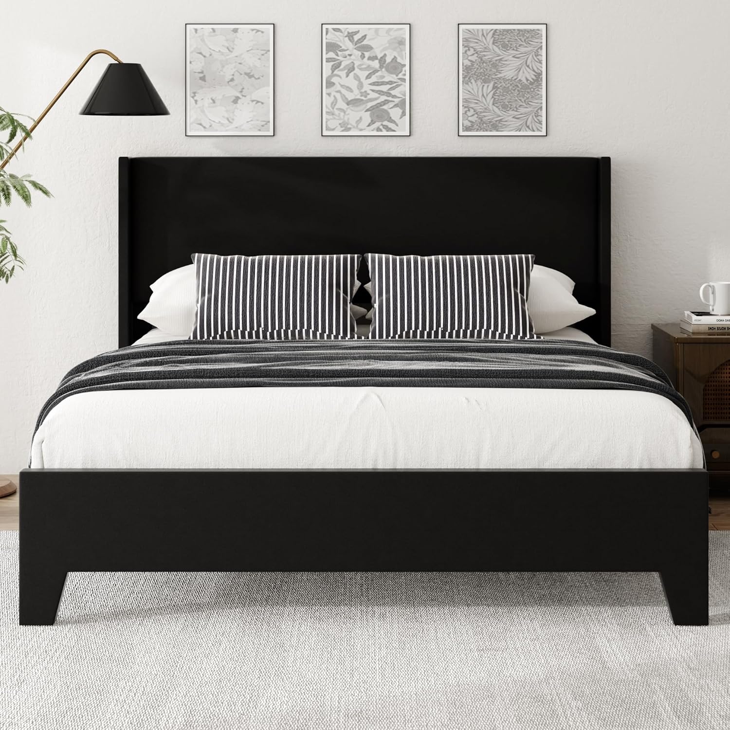 Queen Bed Frame with Faux Leather Upholstered Headboard, Wear-Resistant, Easy Clean, Mattress Foundation, No Box Spring Required, Easy Assembly, Black