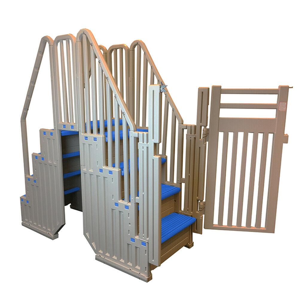 Sistema per piscina fuori terra Confer Plastics, grigio caldo, con gradini e chiusura blu