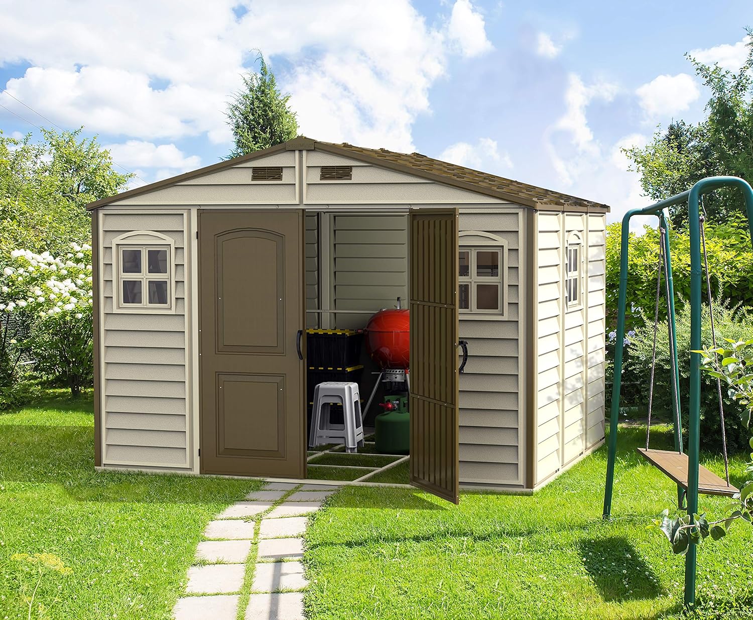 Duramax WoodSide 10 x 8 (7.64 m²) Kunststoff gerätehaus mit 3 festen Fenstern und Metallfundamentset, Gerätehaus, wartungsfreie und robuste und Dachstruktur aus Metall, Ivory/Brown