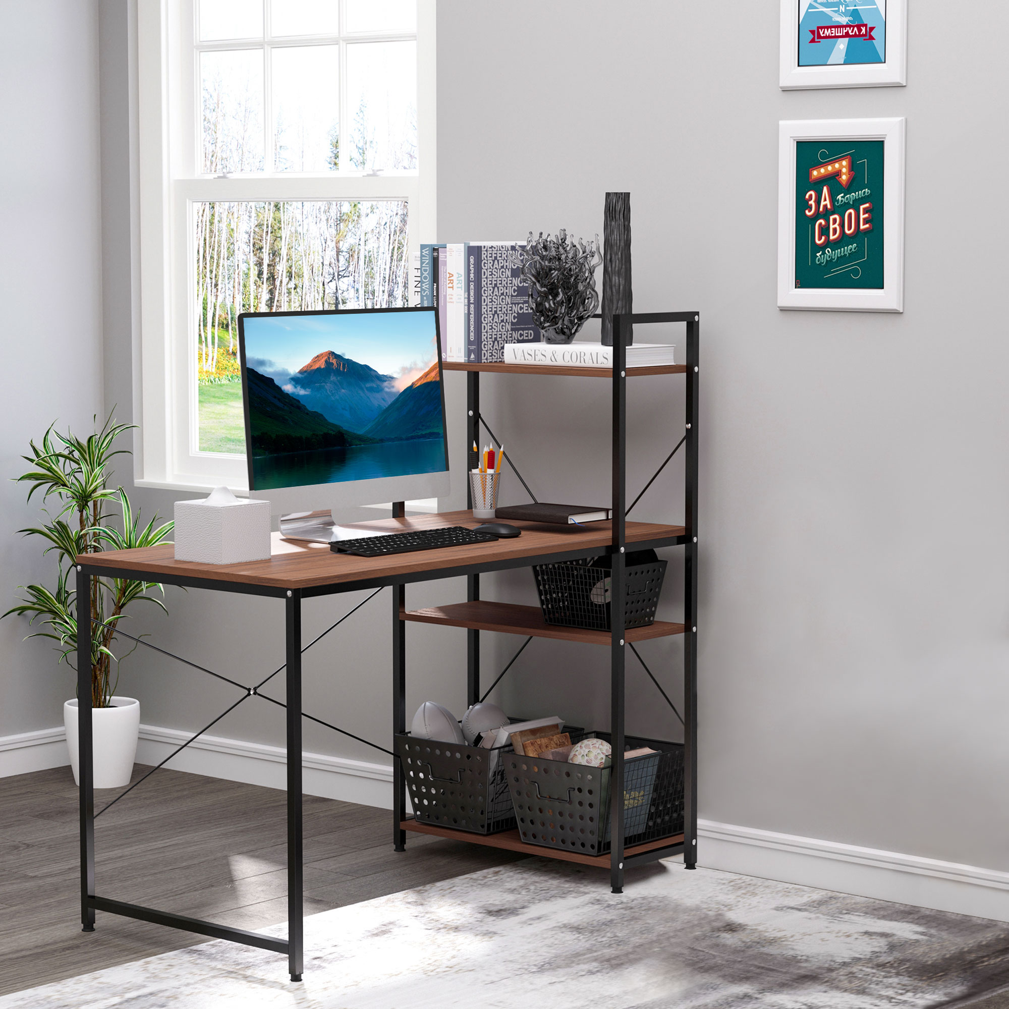HOMCOM Schreibtisch Computertisch Arbeitstisch Bürotisch mit Regal Schwarz 120x64x121cm