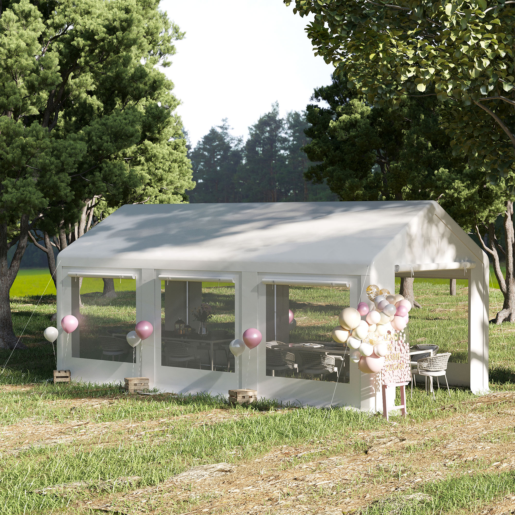 Tuinhuisje 6m x 3m Partytent met verwijderbare zijwanden Tuintent Tuinhuisje Deuren Ramen voor familiebijeenkomsten Outdoor Party Wit