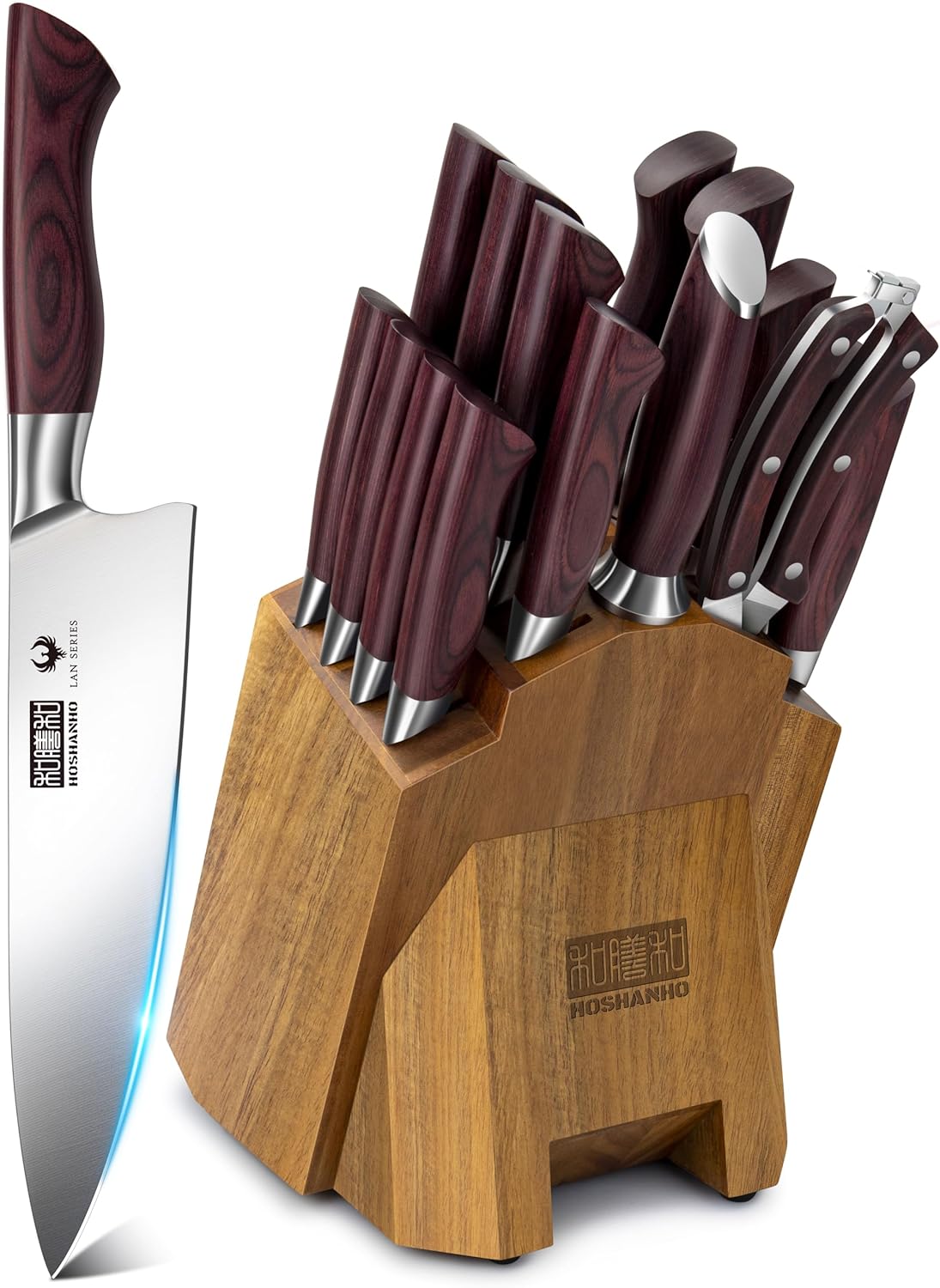 HOSHANHO Kitchen Knife Set with Block 18-Piece, Super Sharp High Carbon Stainless Steel Chef Knife Set, Professional Cutlery Knife Set with Sharpener