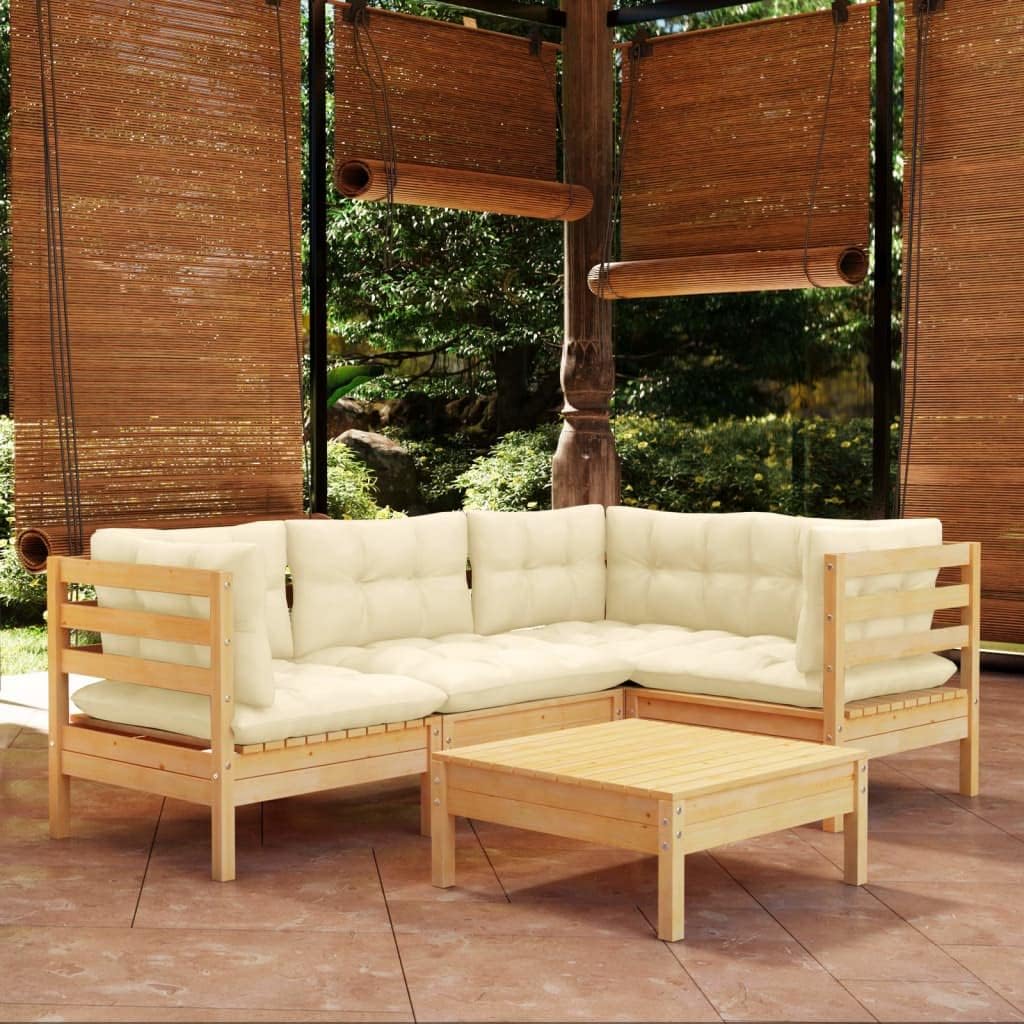 Lounge da giardino, 5 pezzi, con cuscino crema, in legno di pino, per balconi, interni ed esterni, terrazza, cortile