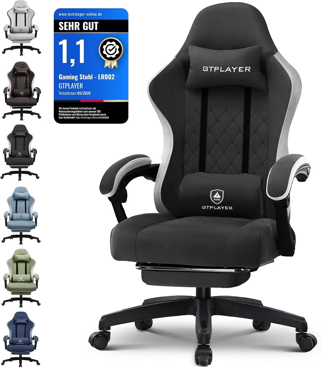 GTPLAYER Gamingstuhl mit Taschenfeder-Sitzkissen, Fußstütze und verstellbarer Rückenlehne