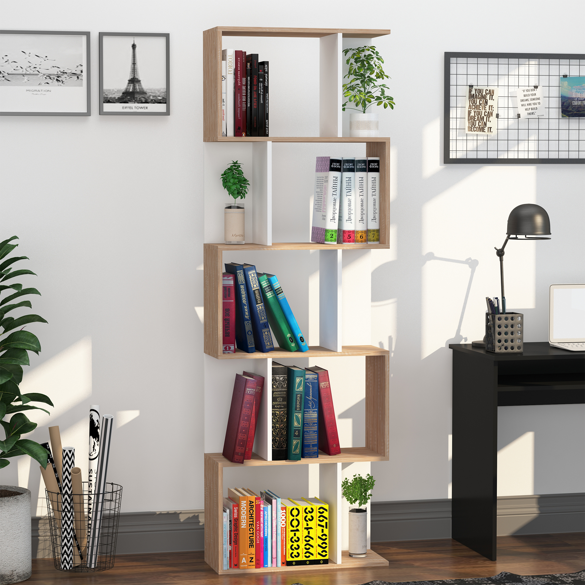 HOMCOM Bücherregal mit 5 Fächern 60 cm x 24 cm x 184,5 cm Braun + Weiß