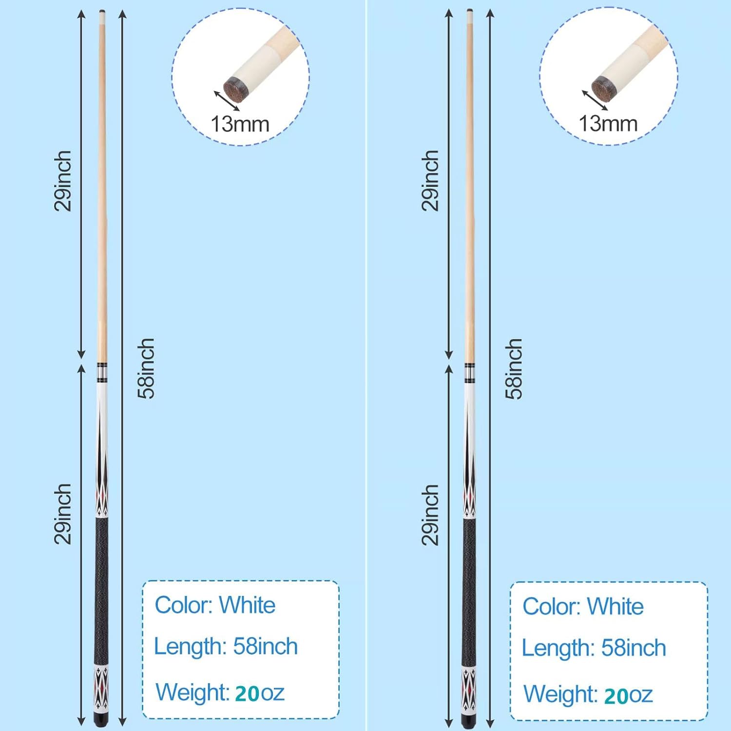 Sinsilvie 13mm 58 Pollici 19 20 Once Stecche Biliardo Pool,1/2 Maple Pool Cue Stick,Bastone da Biliardo da Bar per Uomini e Donne.