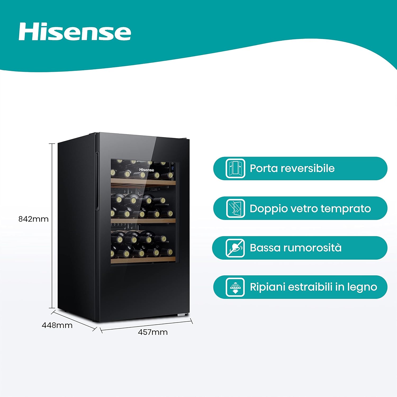 Hisense MWC4894GF Wine Cellar 30 Bottles, Monotemperature, Anti-UV Glasses, Wooden Shelves, Touch Display, LED Lighting, Year 2023