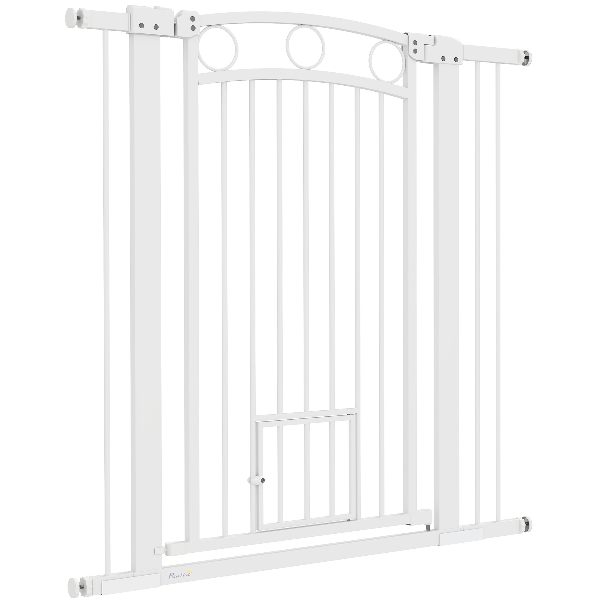 PawHut 106 cm hohes Haustiergitter mit anpassbarer Breite, integrierte Katzentür, für Treppen und Türrahmen, Weiß
