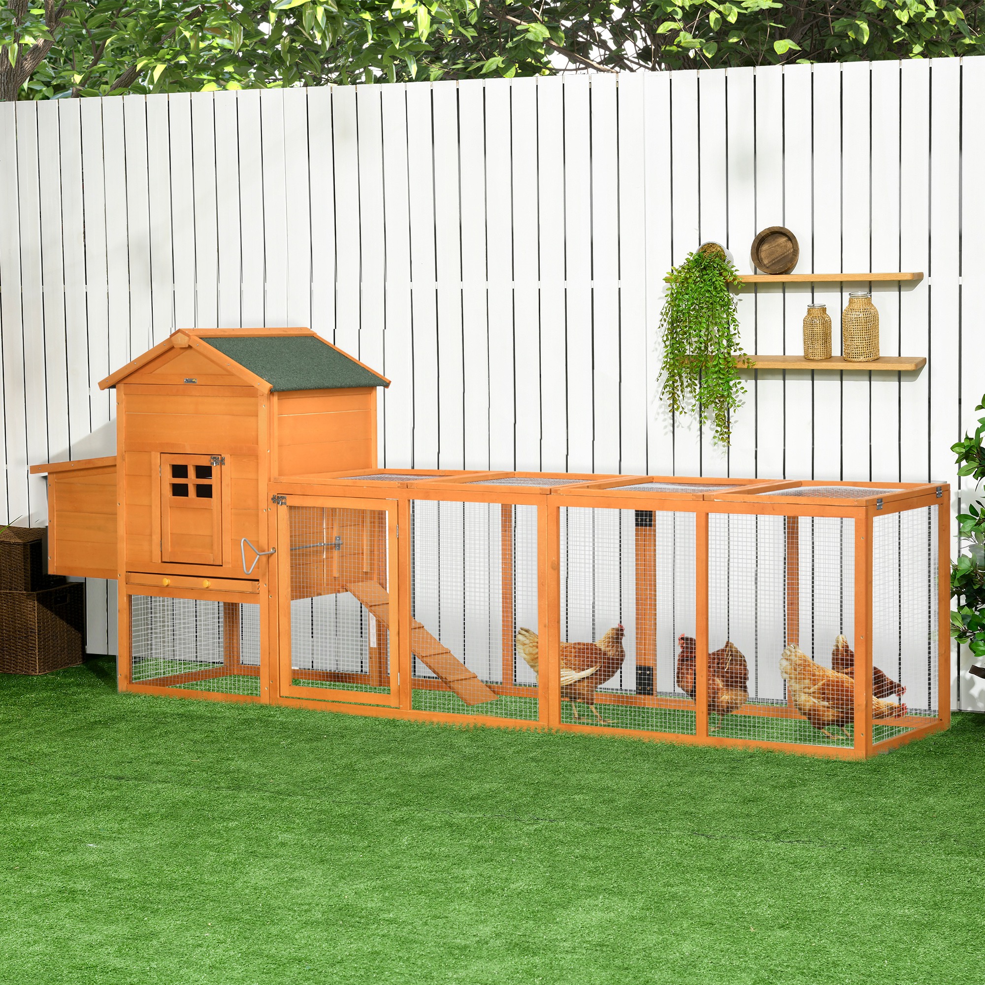 PawHut Hühnerhaus aus Holz, Hühnerstall für Hühner im Freien mit Nest und herausnehmbarem Boden aus Massivholz 297,5 x 68 x 118 cm Orange