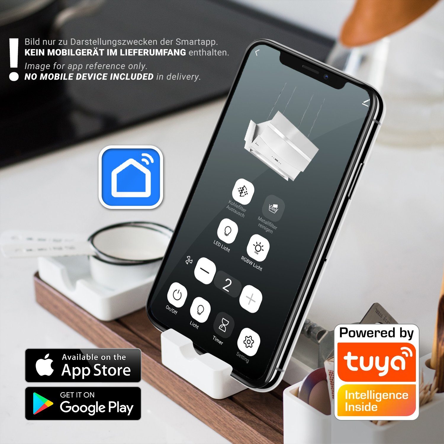 Inselhaube Dunstabzugshaube 90cm HERMES-INSEL-908SM RGBW Ambientebeleuchtung